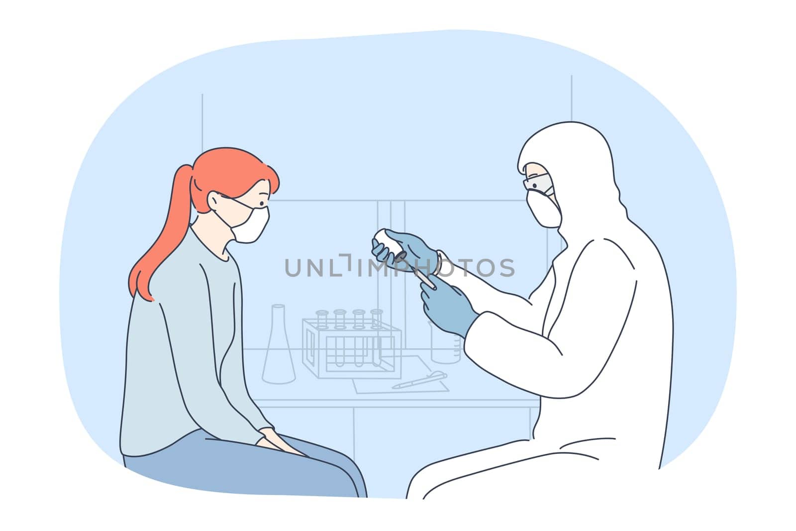 Vaccination, coronavirus infection epidemic, protective facial mask concept. Doctor in protective costume holding syringe with vaccine against COVID-19 and ready to make vaccination for girl patient