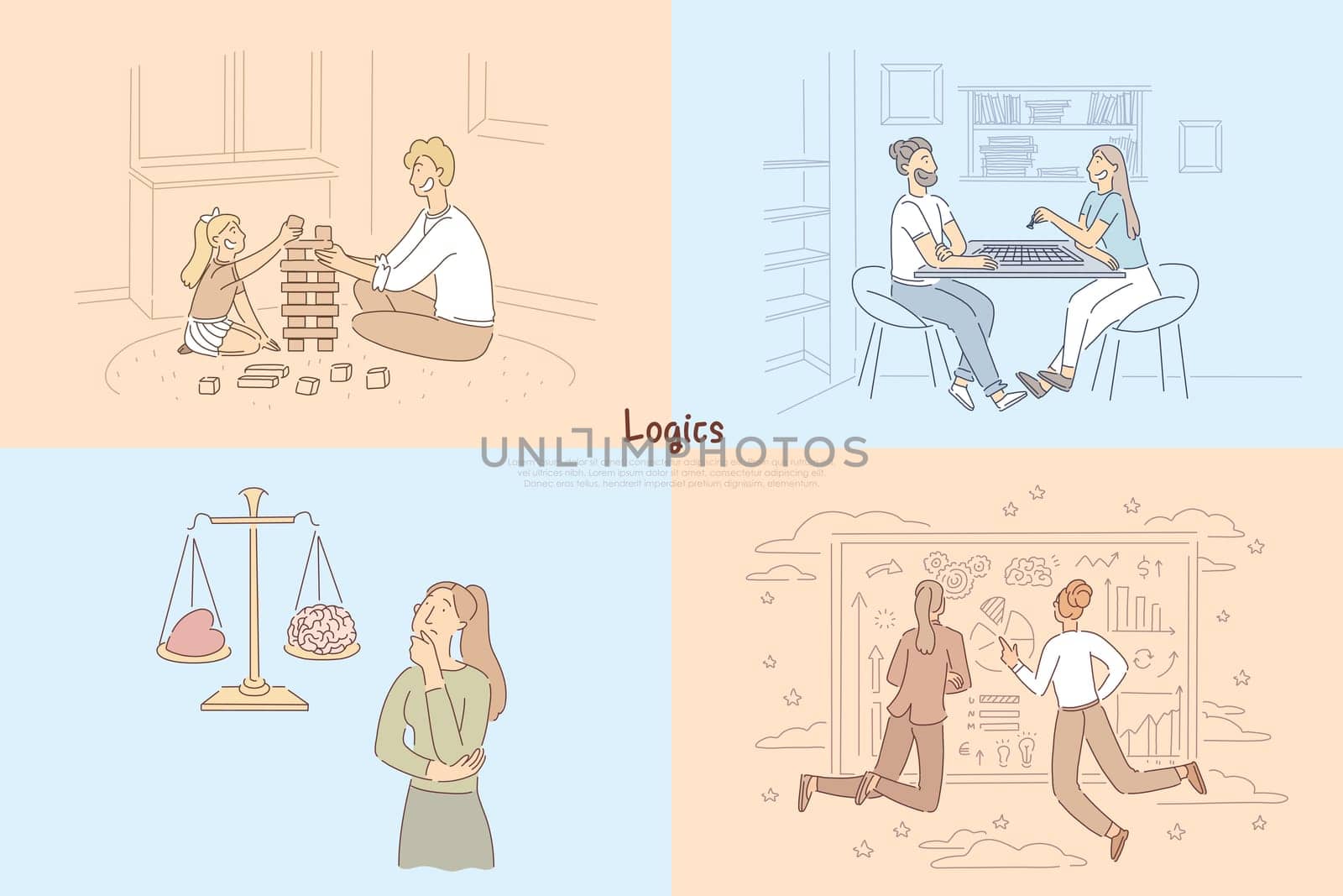 Building a brick tower with child, couple playing tabletop game of chess, logical thinking vs emotions, analyzing chart banner. Logics cartoon concept sketch. Flat vector illustration