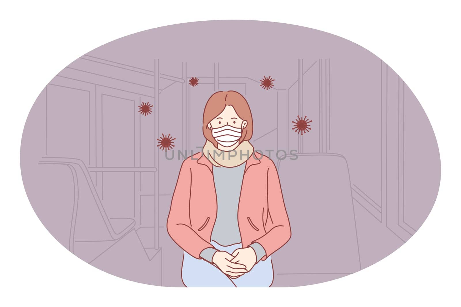 Danger or coronavirus infection epidemic, protective facial mask, pandemic concept. Young woman in medical protective mask sitting in public transport in corona bacteria flowing around illustration
