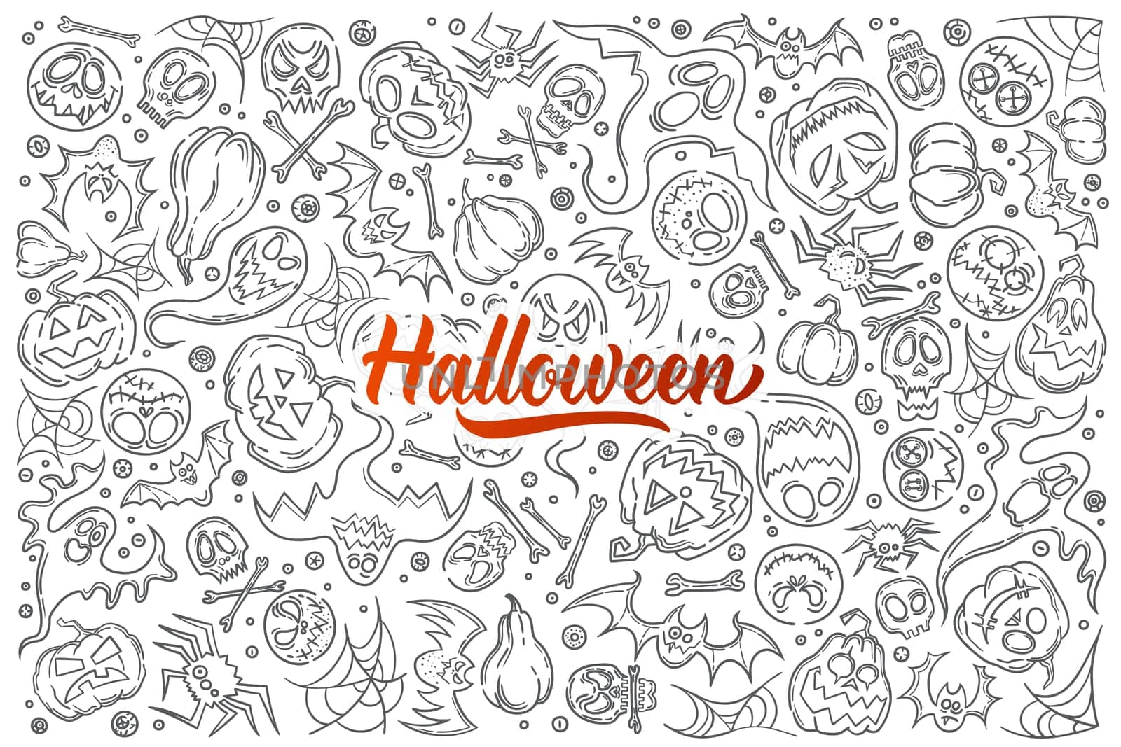 Hand drawn Halloween symbols. Pumpkin, skull, ghost, web, bone and spider doodle set background