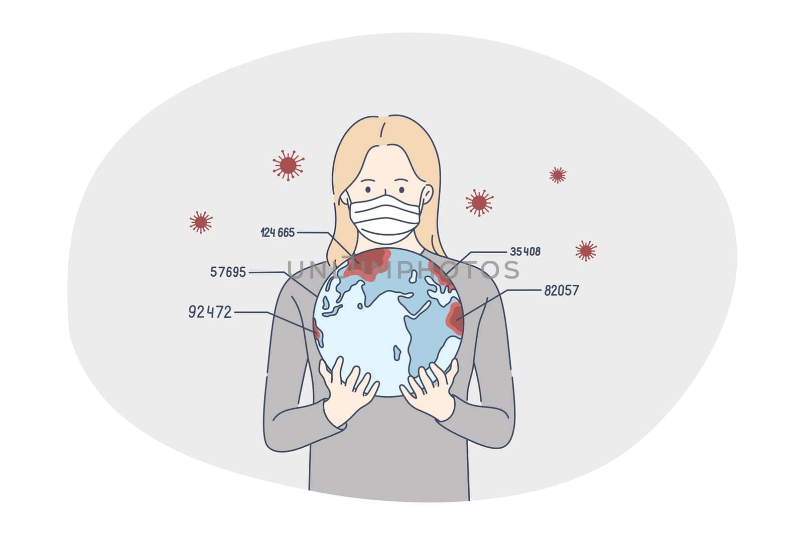 Danger or coronavirus infection epidemic, protective facial mask, pandemic concept. Young woman in medical protective mask standing and holding world globe with number of sick people worldwide