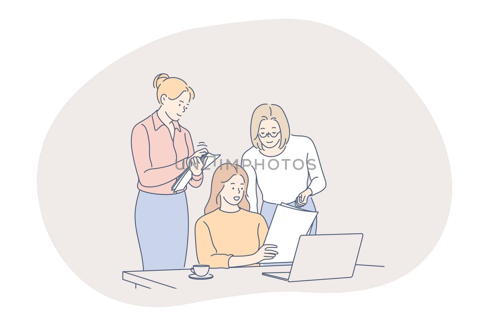 Teamwork, brainstorming, business communication about startup concept. Group of women business people coworkers or partners cartoon characters discussing corporate projects and reading documents