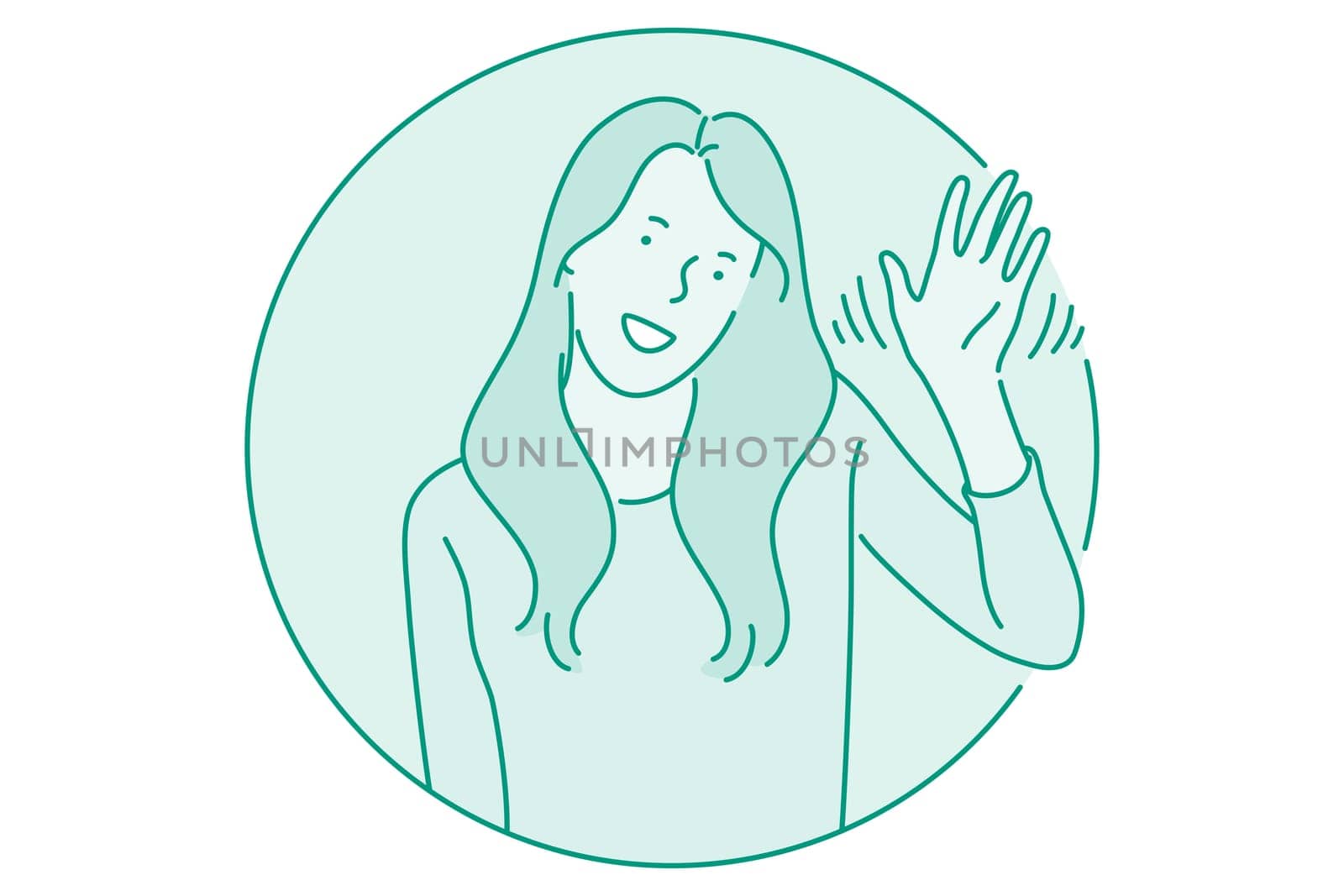 Woman expressing emotions concept. Young woman cartoon character waving and greeting with hands, showing positive attitude and smiling. Facial expression, positive emotions vector illustration