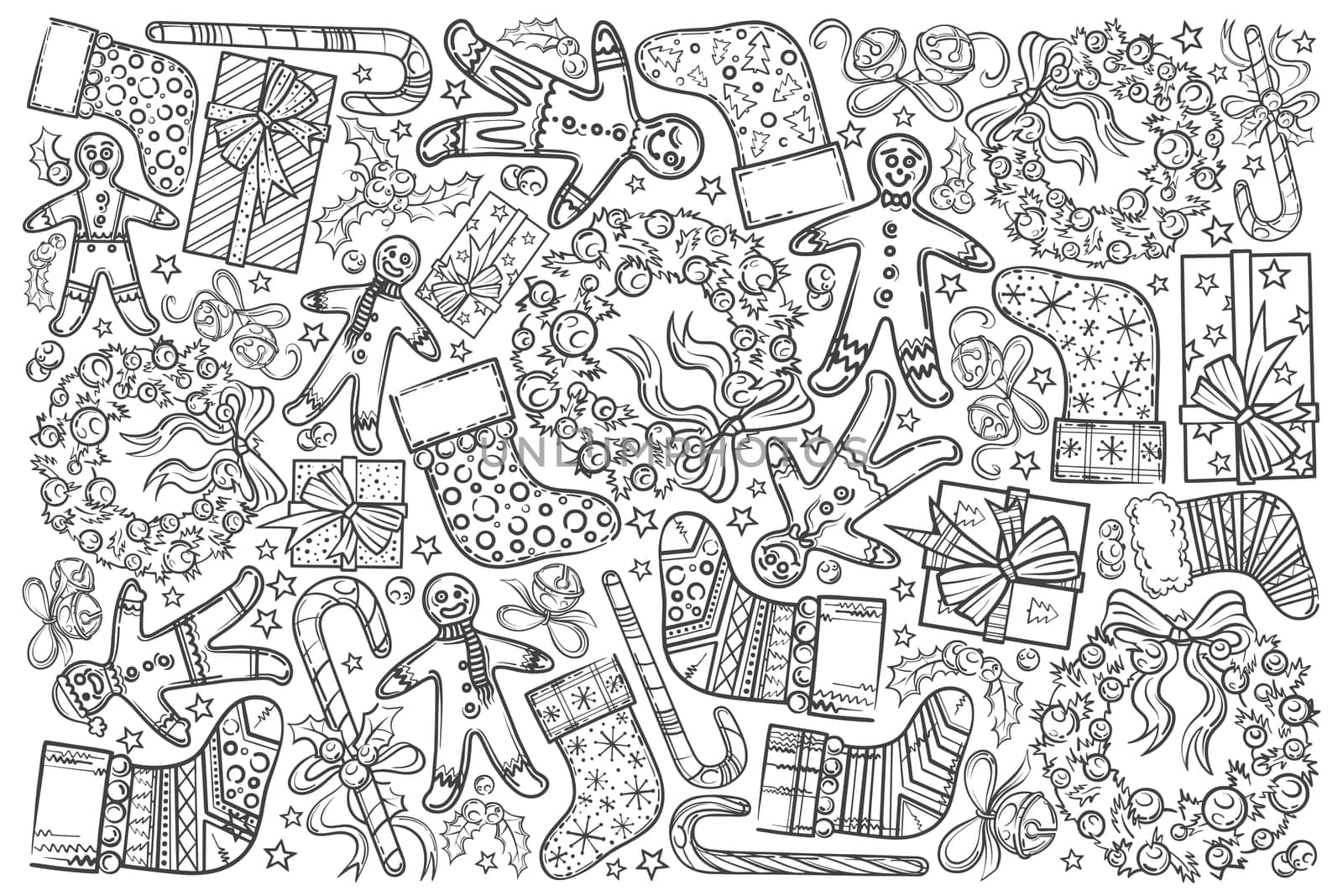 Hand drawn gingerbread, wreath, gift. Bells, socks and other symbols of Christmas doodle set background