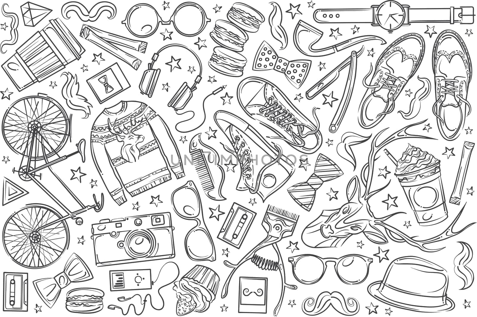 Hand drawn hipster elements and clothes. Pullover, spectacles, hat, camera, bike etc doodle set background