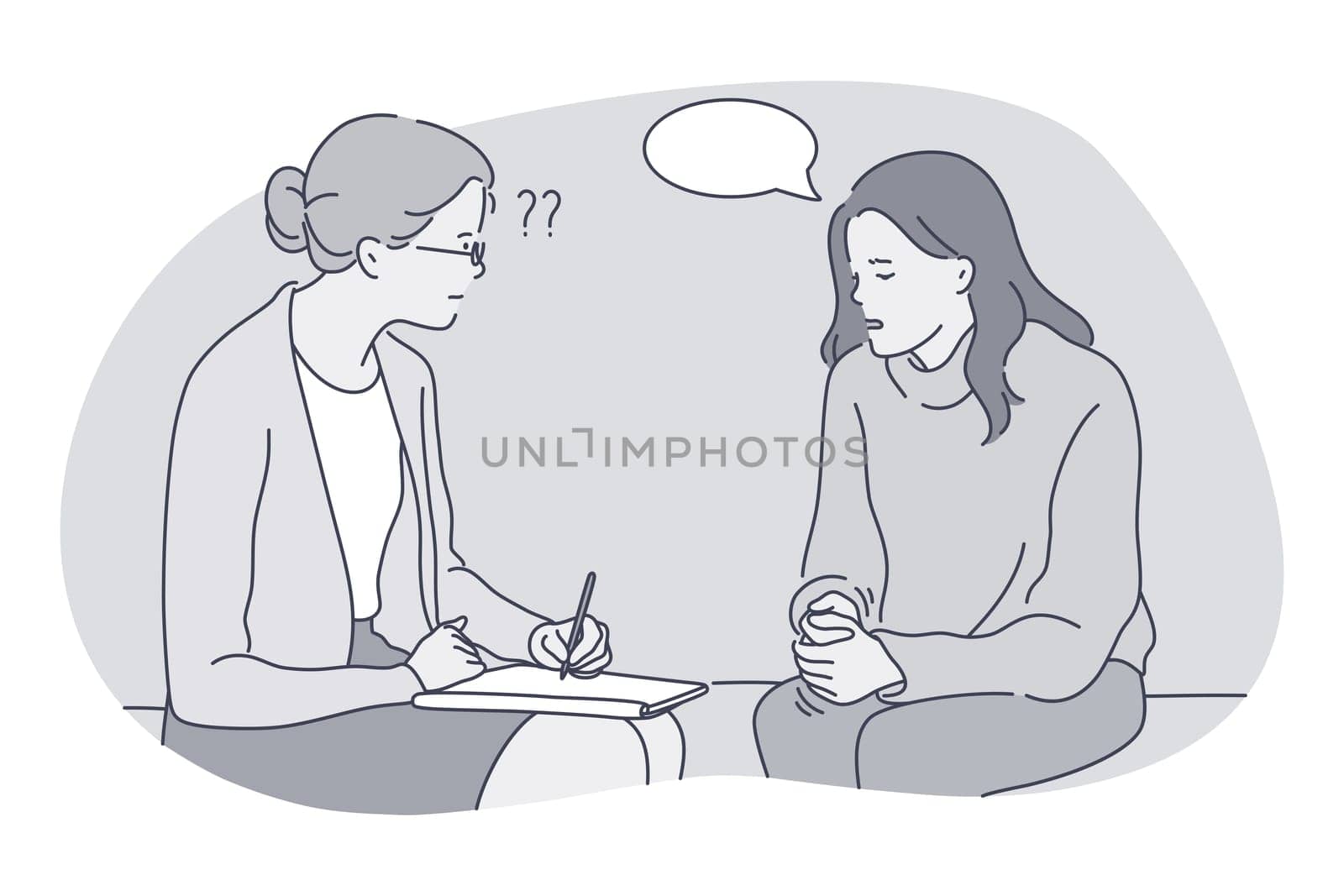 Psychiatrist, psychological support, medicare concept. Young depressed woman patient cartoon character sitting and telling her troubles to woman psychologist during visit in clinic