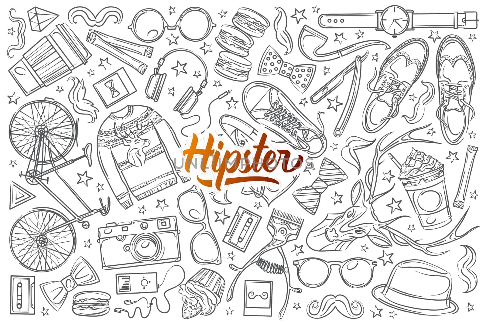 Hand drawn hipster elements and clothes. Pullover, spectacles, hat, camera, bike etc doodle set background