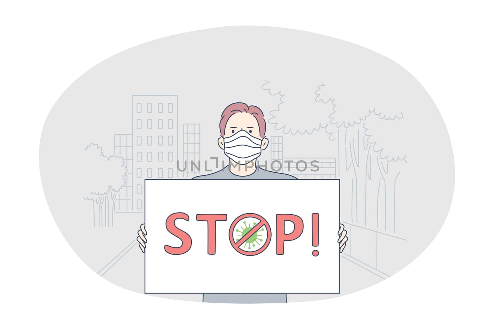 Danger or coronavirus infection epidemic, protective facial mask, pandemic concept. Young man in medical protective mask standing with sign stop in hands outdoors. Prevention of spreading outbreak