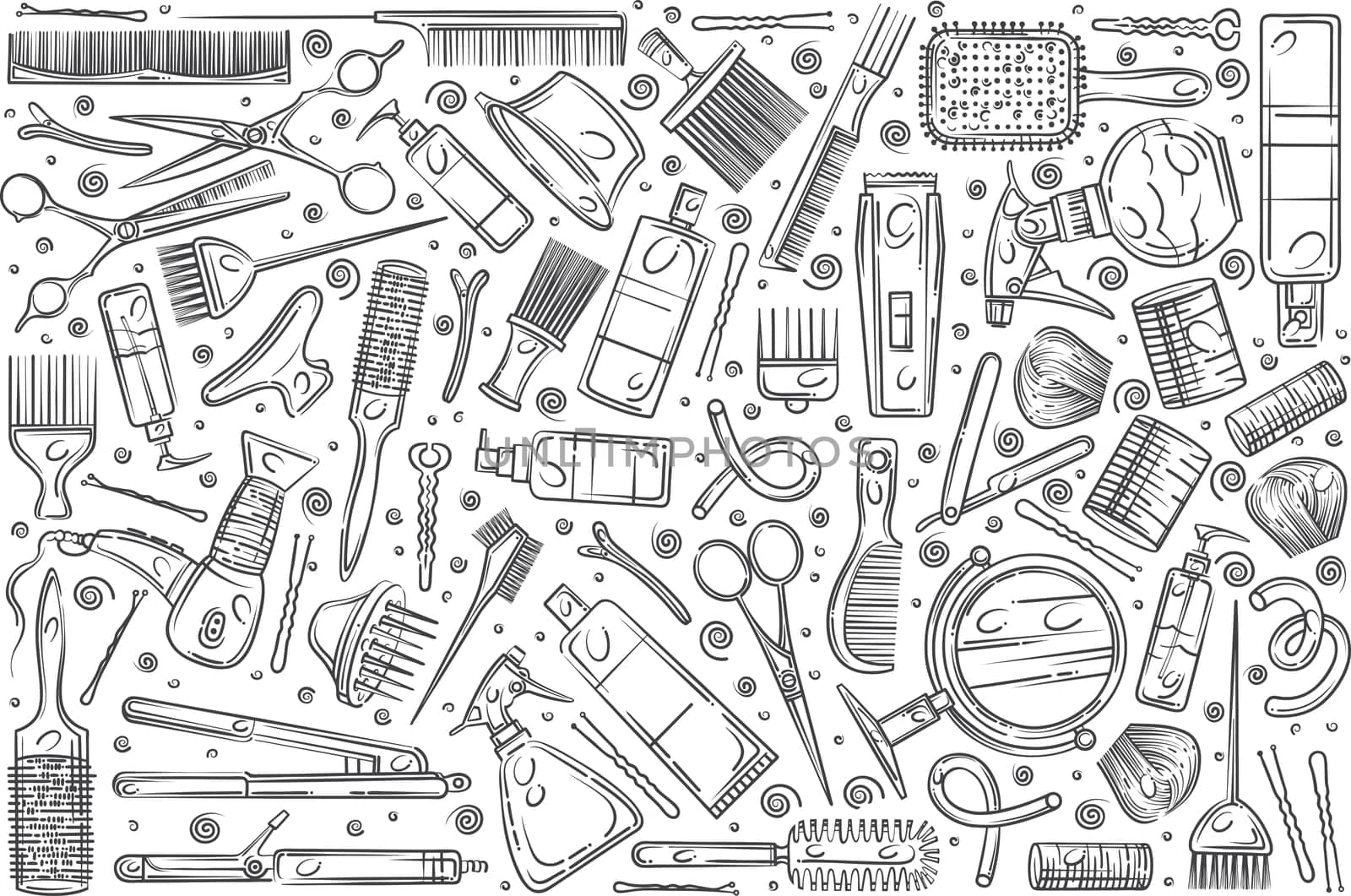 Hand drawn hair salon tools. Equipment for professional hairdresser doodle set background
