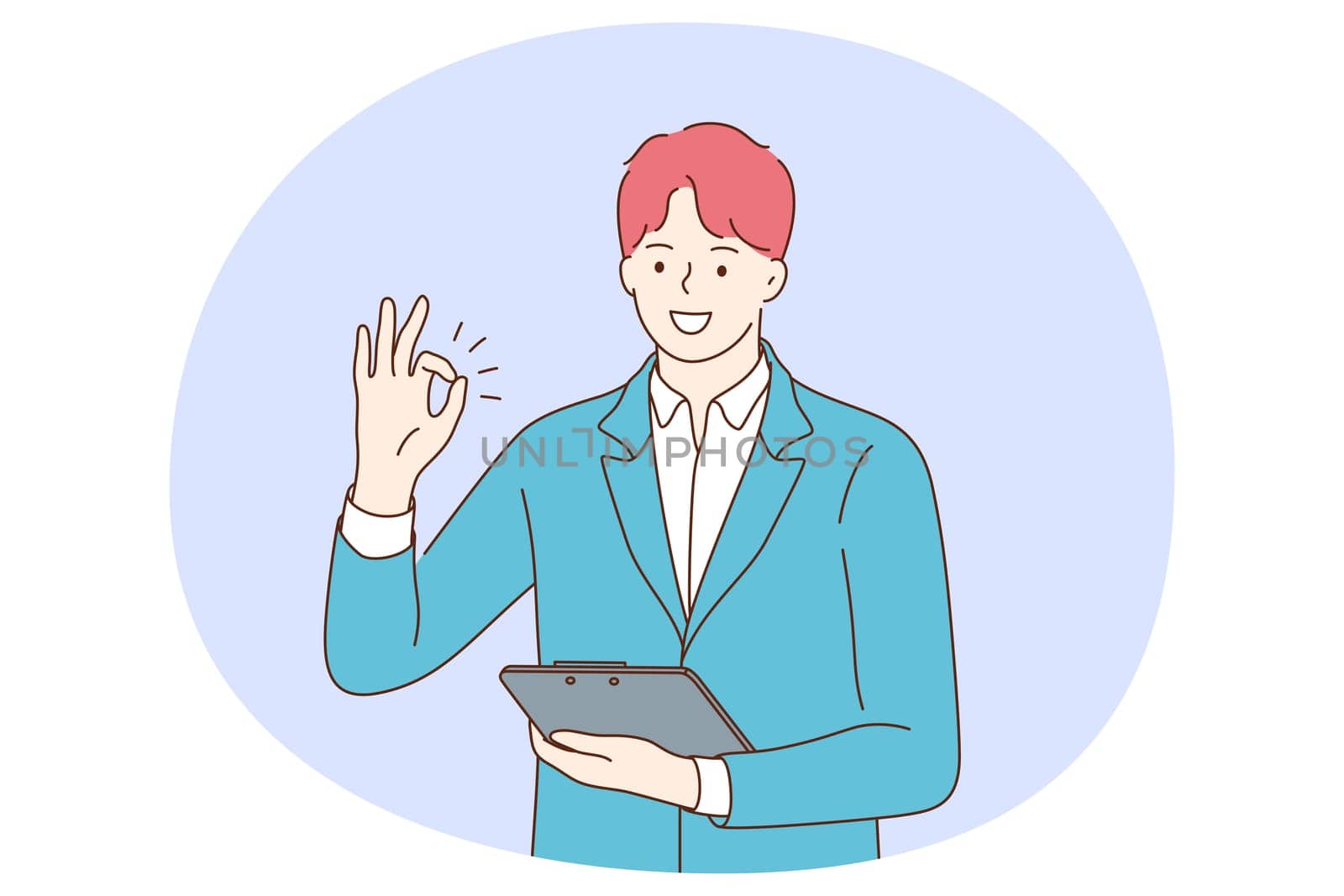 Positive emotions, ok sign and gesture language concept. Young positive businessman cartoon character standing with tablet or documents in hand and showing agree okay success sign with fingers