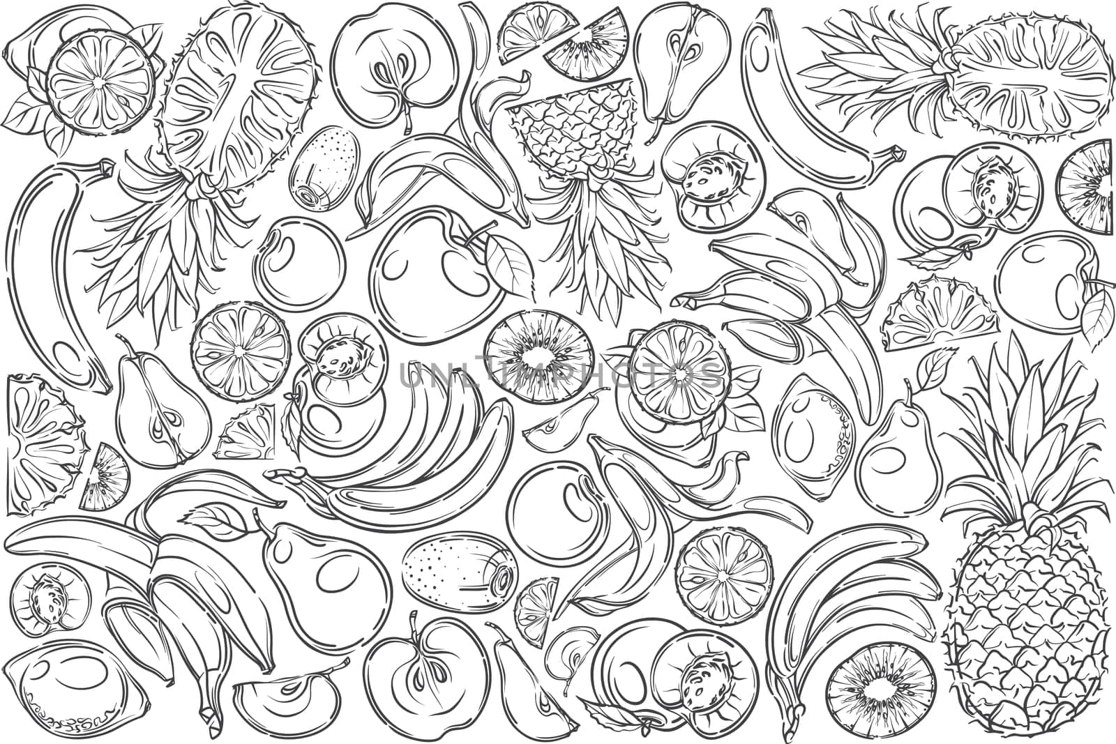Hand drawn different fruits banana, pineapple, apple, pear etc. Kiwi, peach and apricot doodle set background