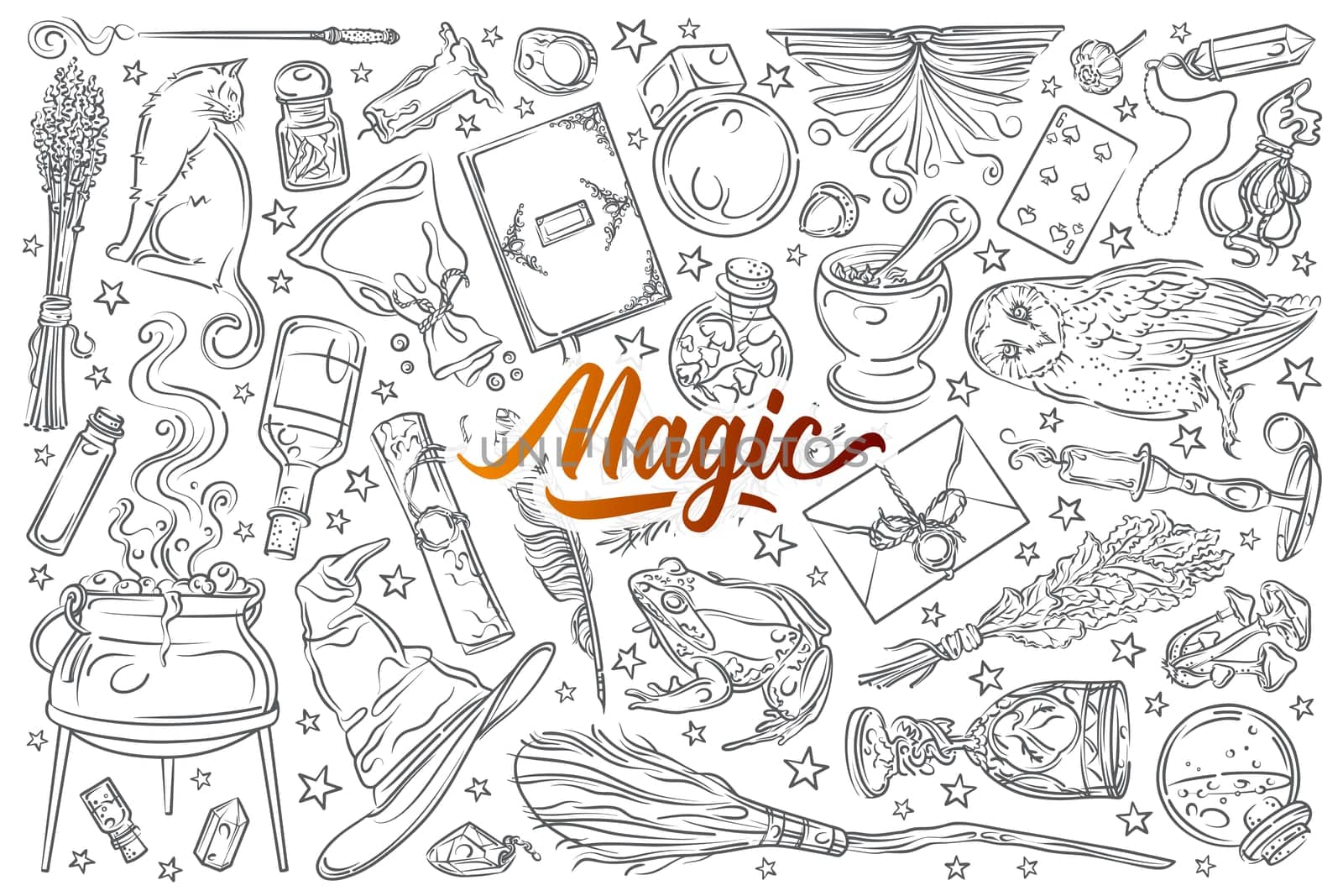 Hand drawn magic tools, concept of witchcraft. Broom and playing cards, hat and needle equipment doodle set background