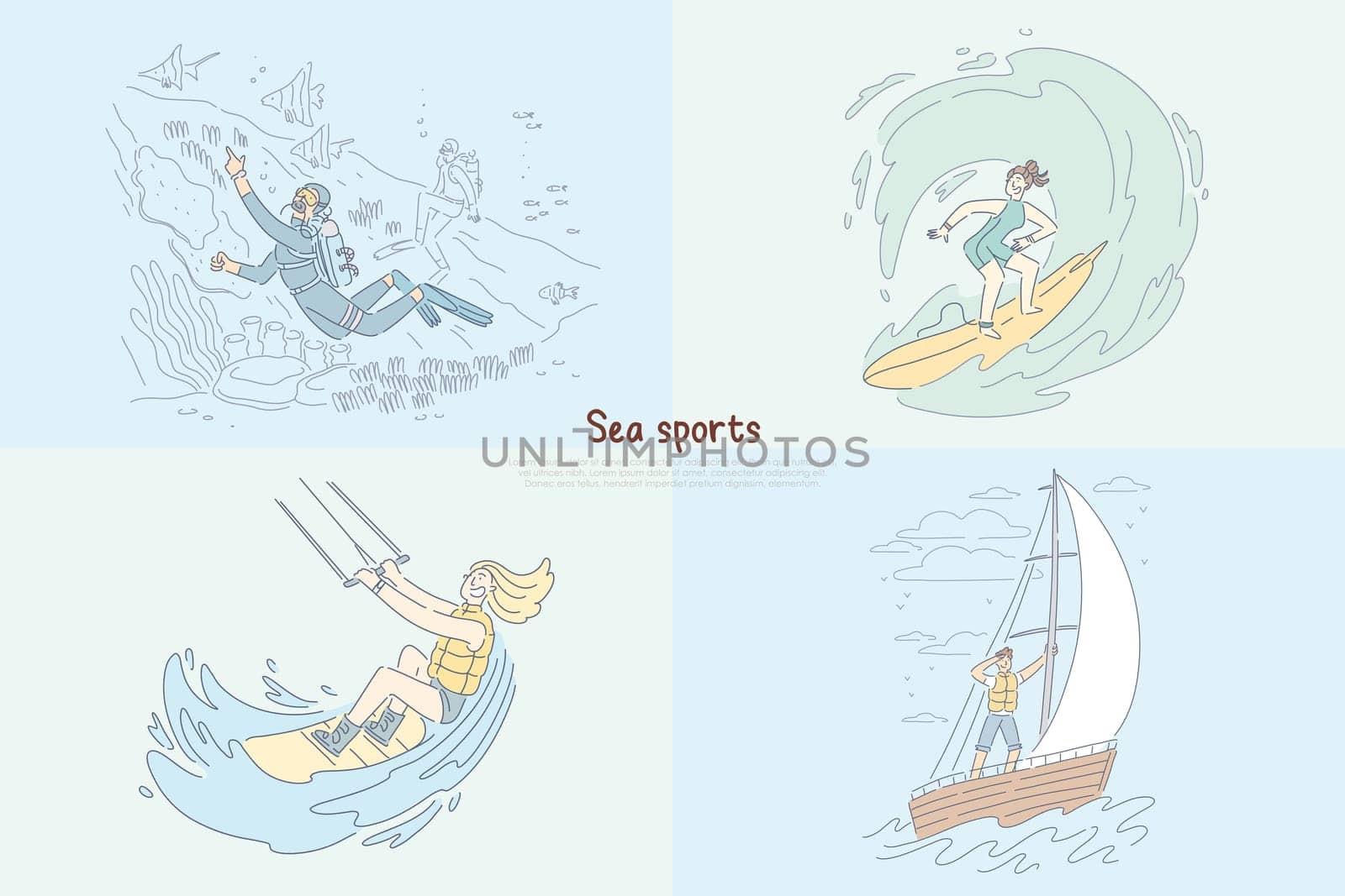 Diver underwater, surfer riding wave, kitesurfing and windsurfing, sailing at sea banner. Sea sports, water extreme activities, summertime leisure cartoon concept sketch. Flat vector illustration