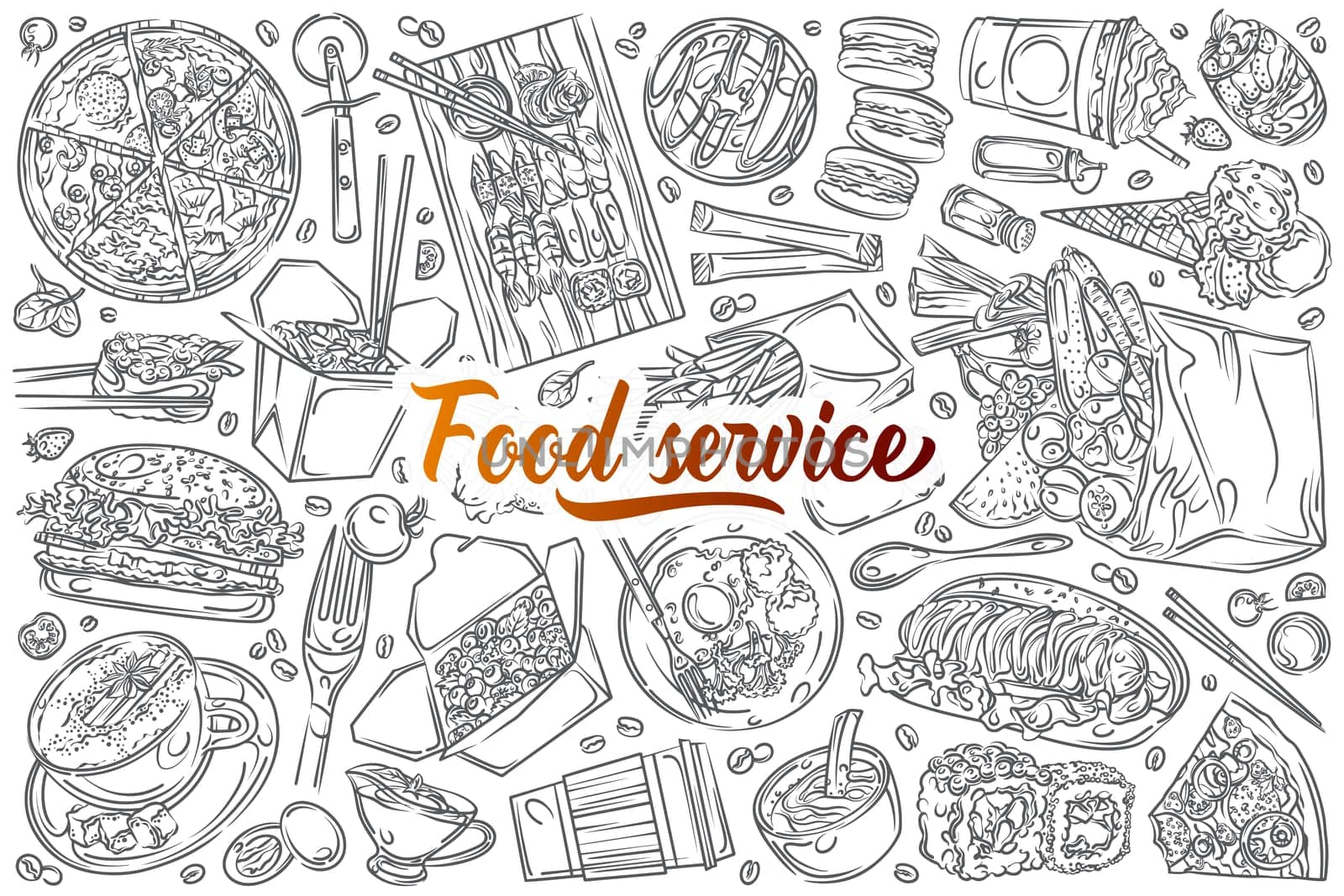 Hand drawn restaurant food, or cafe menu. Pizza, sushi, cup of coffee, fries, burger etc doodle set background