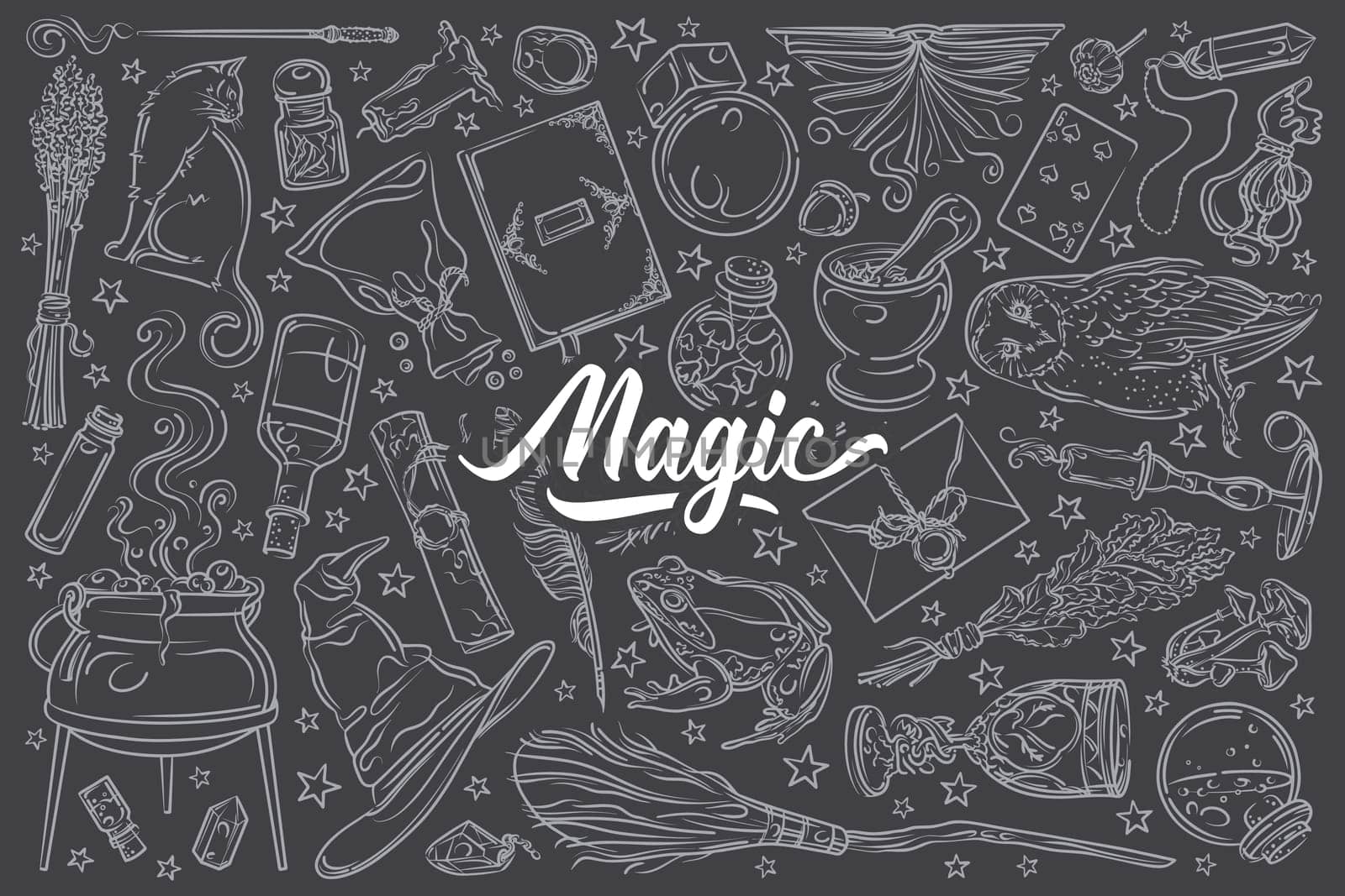 Hand drawn magic tools, concept of witchcraft. Broom and playing cards, hat and needle equipment doodle set background