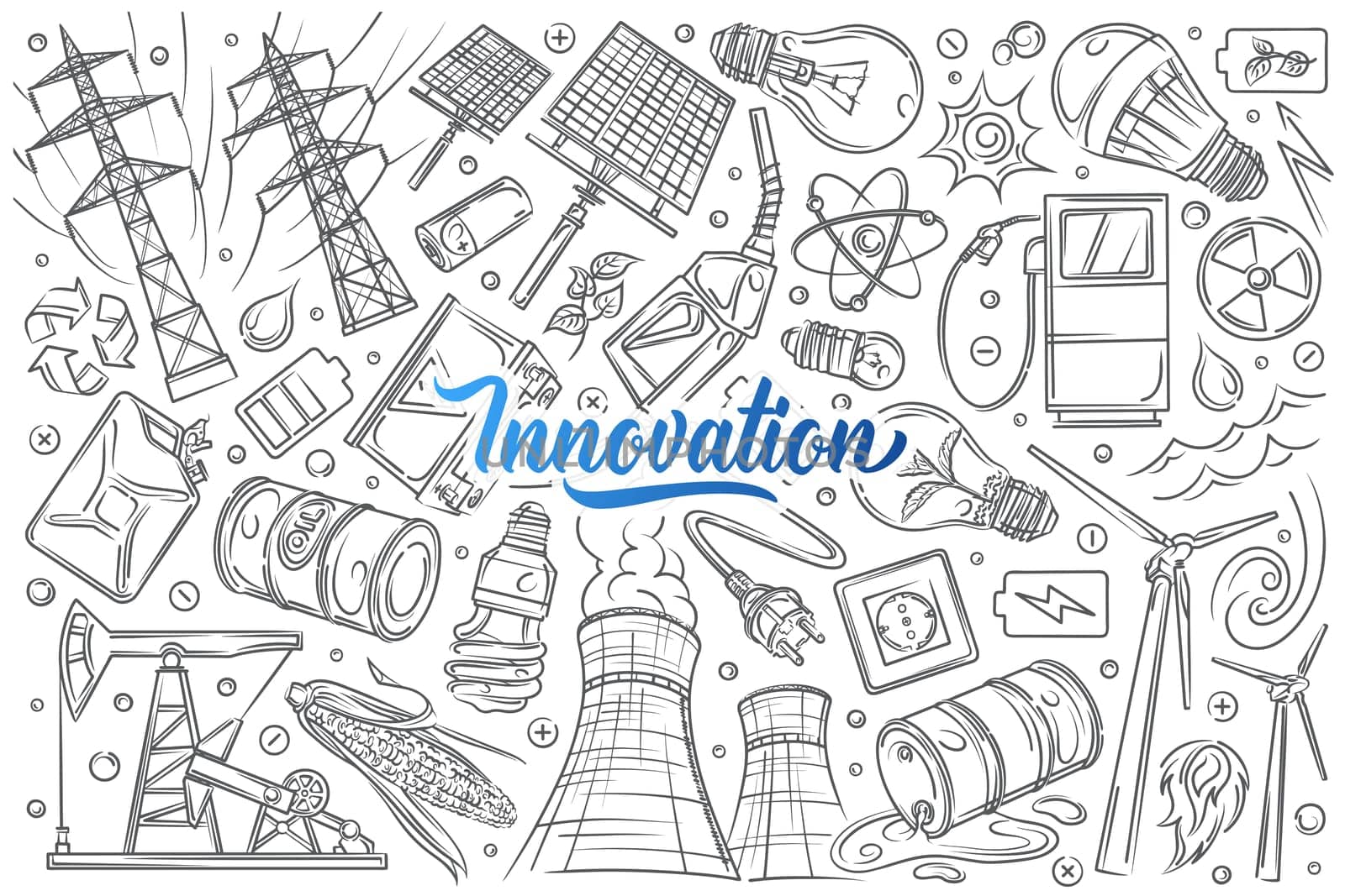 Hand drawn modern technologies and innovations. Concept of renewable energy, electricity, gas station, nuclear power doodle set background