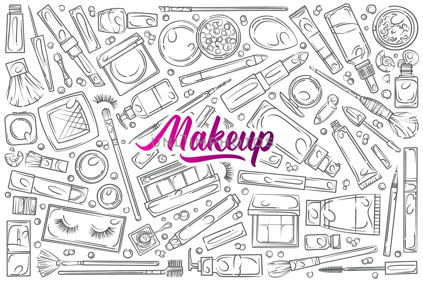 Hand drawn make up supplies and tools. Beauty symbols collection equipment doodle set background
