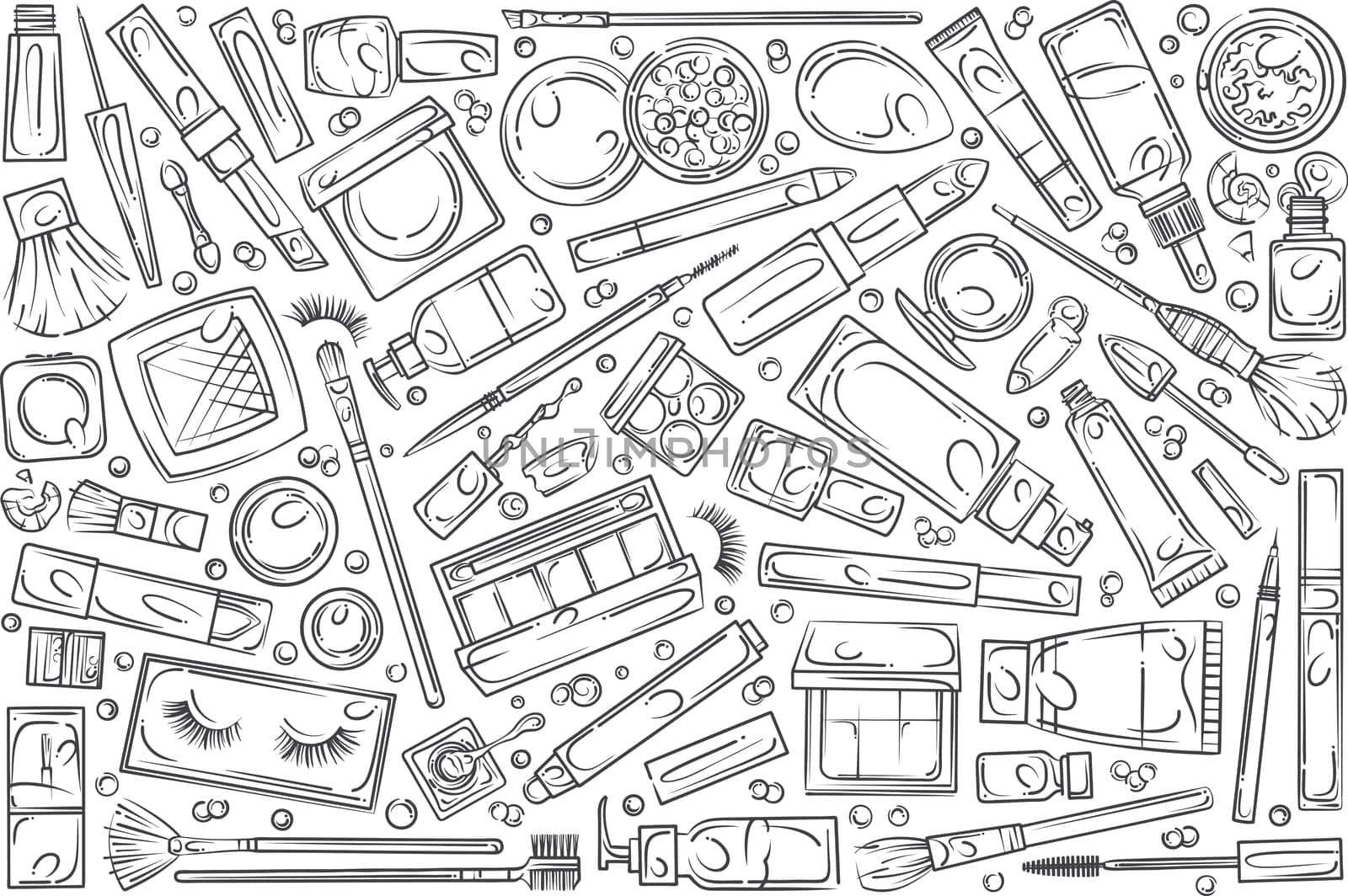 Hand drawn make up supplies and tools. Beauty symbols collection equipment doodle set background