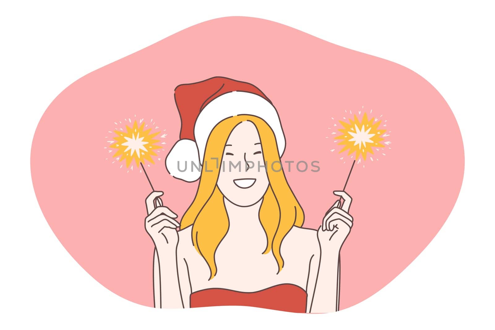 Christmas present, Santa, celebration of New Year and winter holidays concept. Smiling woman cartoon character in Santa festive hat burning sparklers during Christmas celebration party illustration