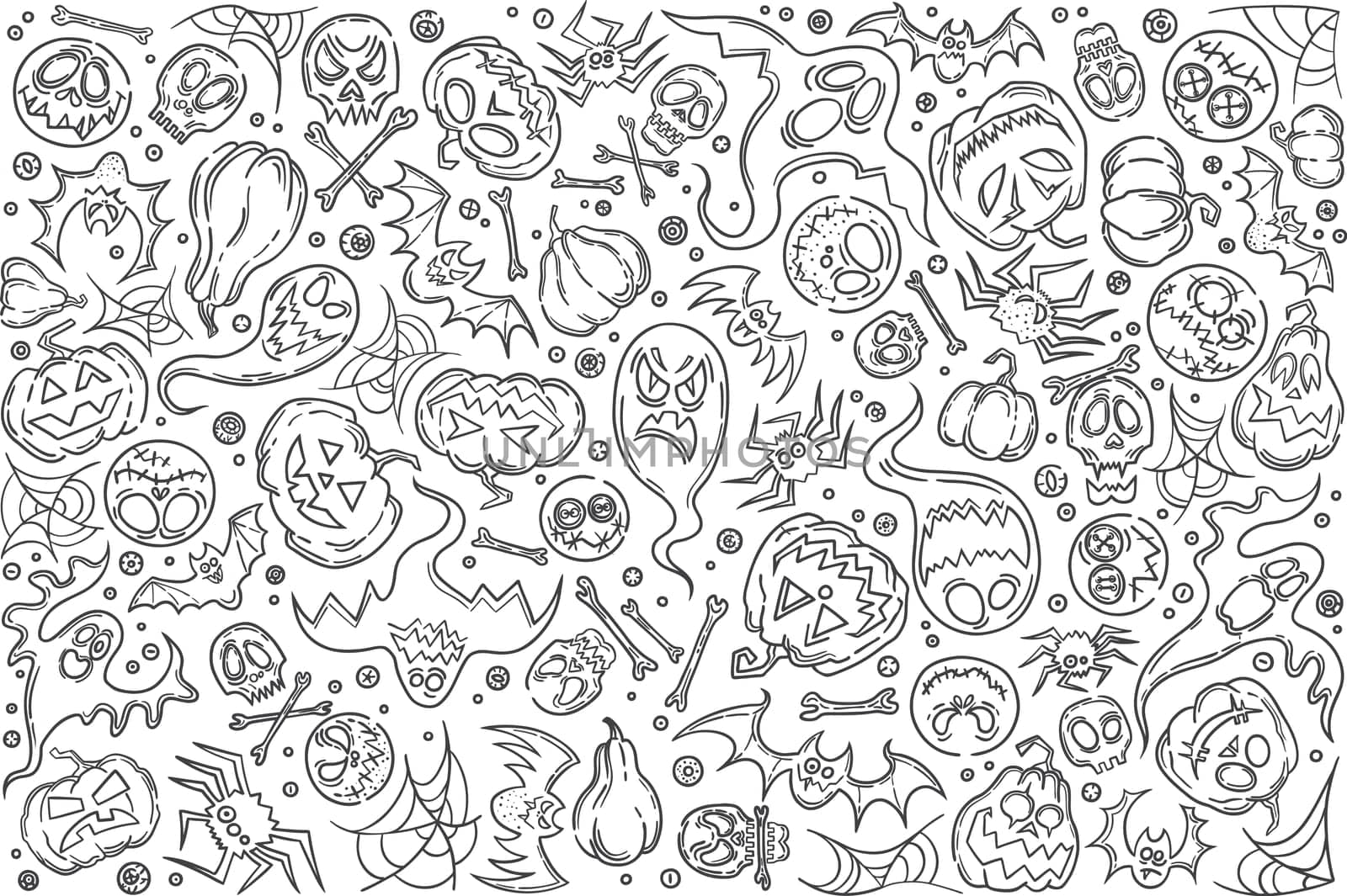 Hand drawn Halloween symbols. Pumpkin, skull, ghost, web, bone and spider doodle set background