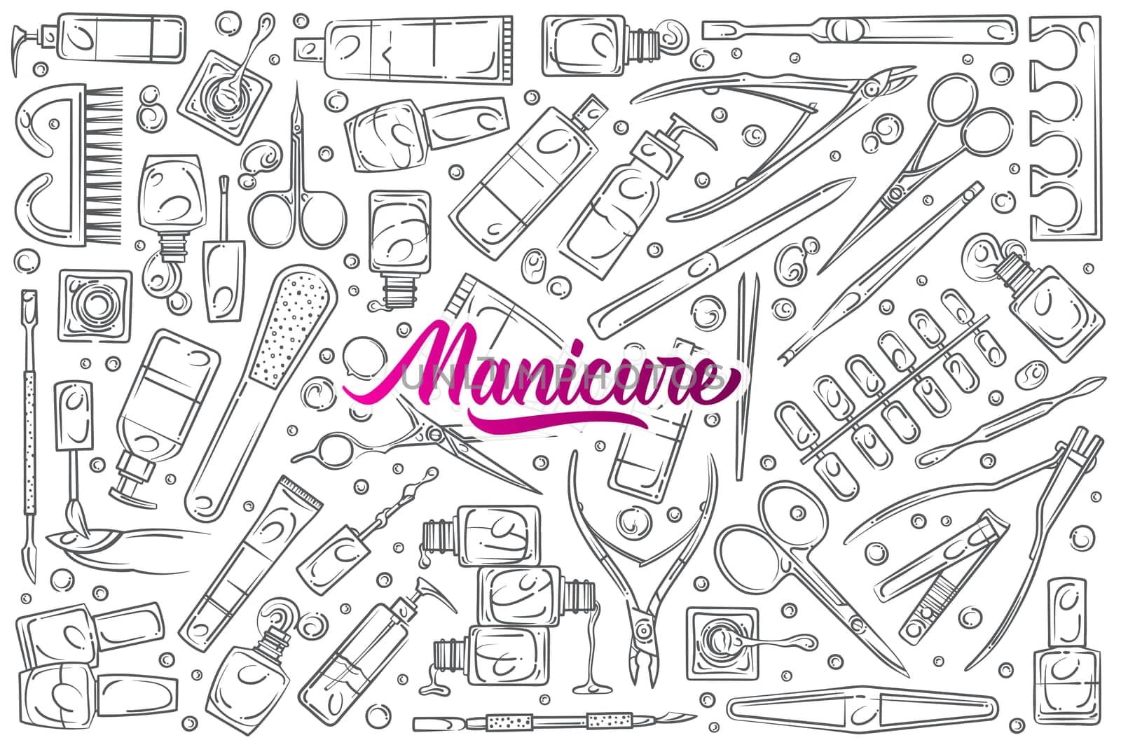 Hand drawn nail salon tools. Concept manicure and pedicure doodle set background