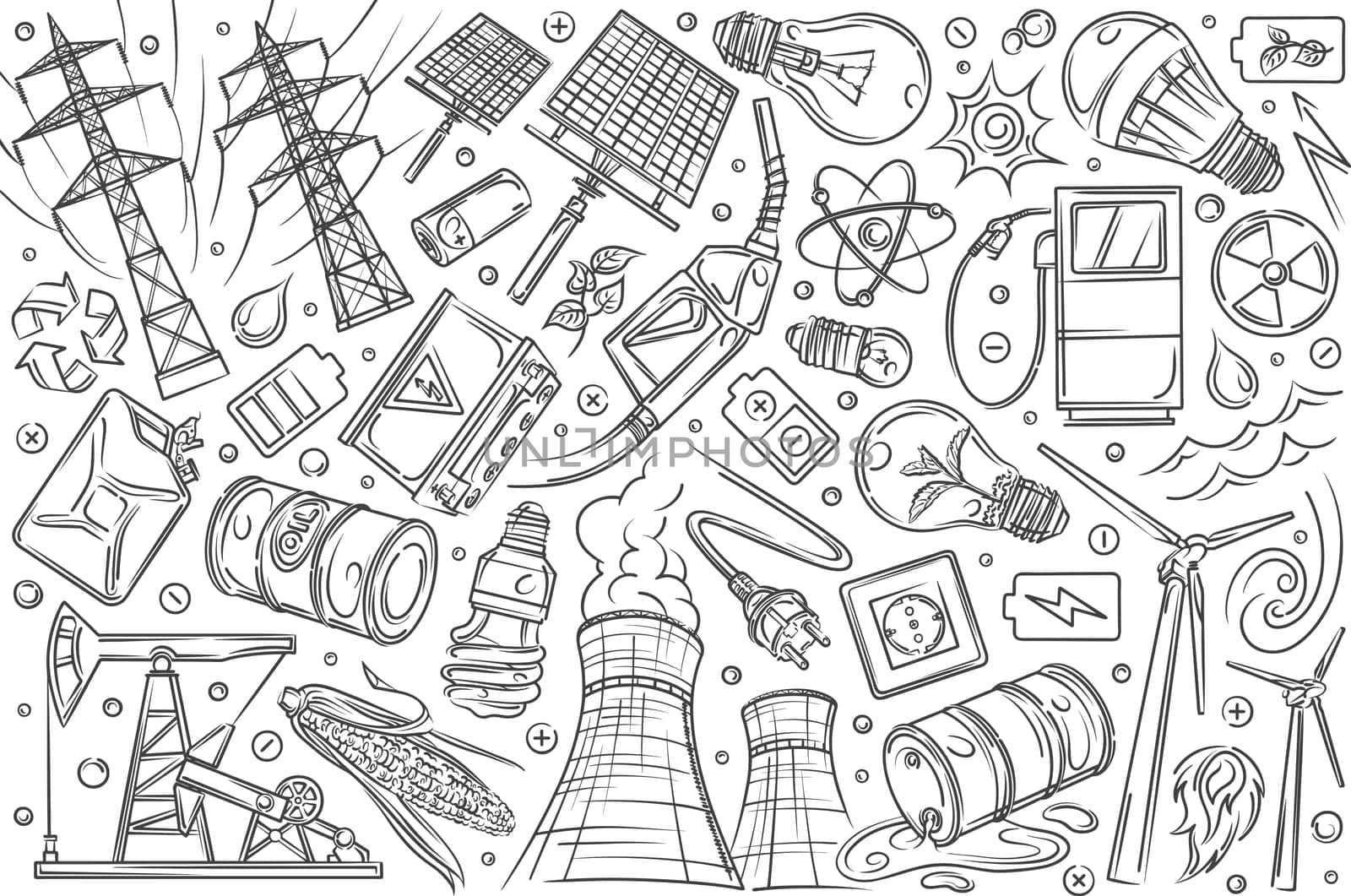 Hand drawn modern technologies and innovations. Concept of renewable energy, electricity, gas station, nuclear power doodle set background