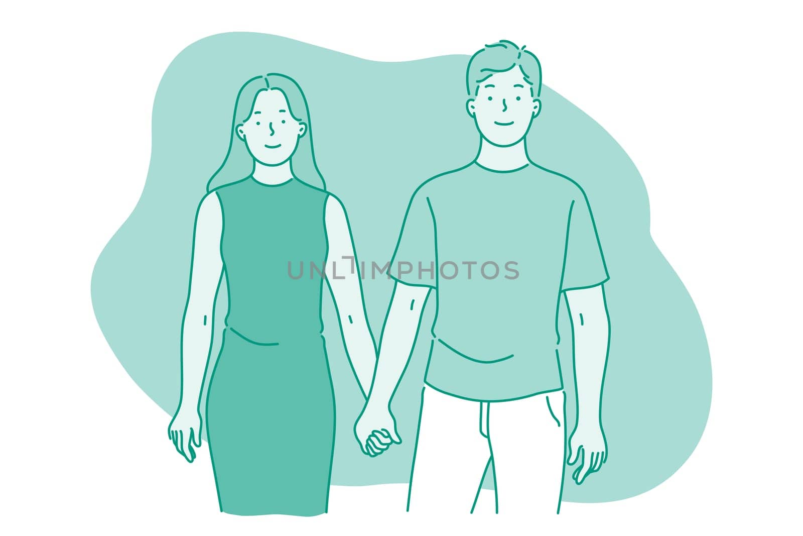 Love, couple in relationship, togetherness concept. Happy young loving boyfriend holding his smiling girlfriends hand during date outdoors. Dating, romance, people in love illustration
