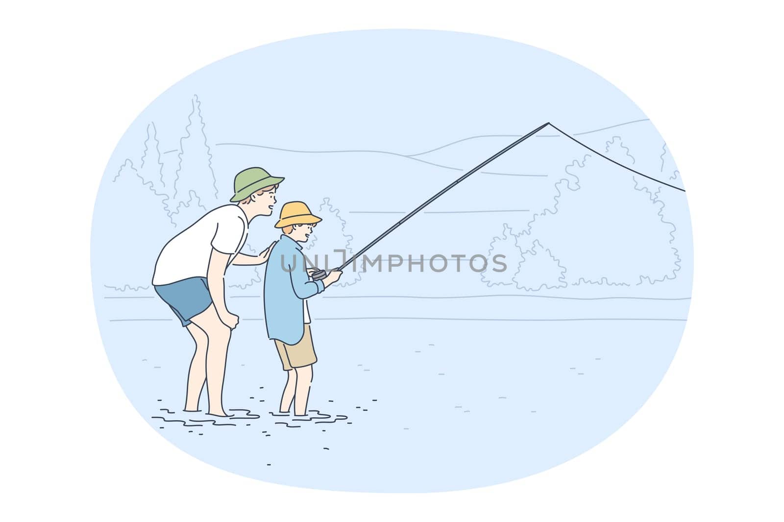 Fishing on lake concept. Two smiling boys brothers or friends standing in lake and fishing with spinning trying to catch fish in summer. Recreation, leisure hobby and summer activity for boys