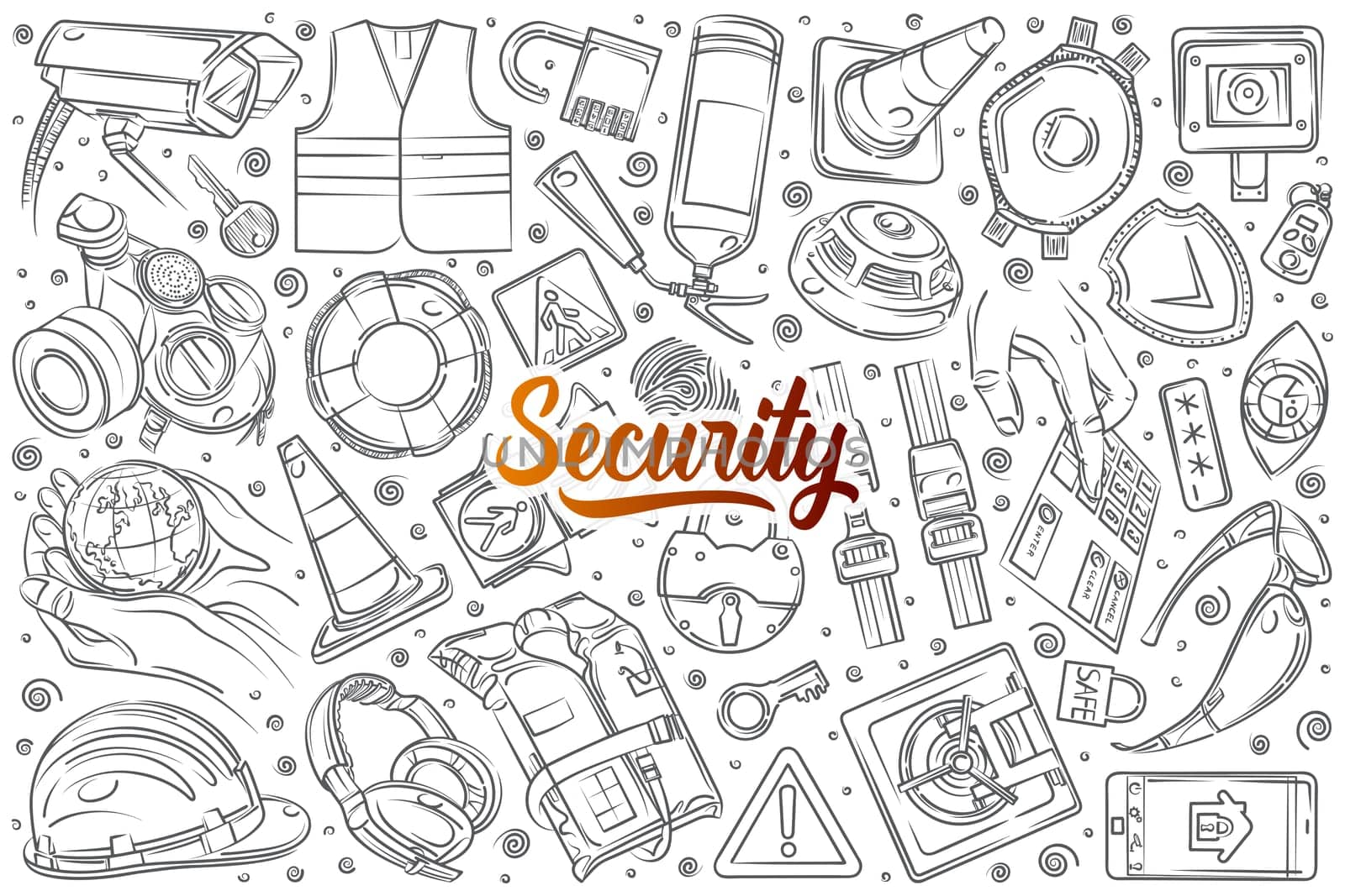 Hand drawn security-related equipment. Protection technologies fingerprint, electronic key, spy, password, alarm and more doodle set background
