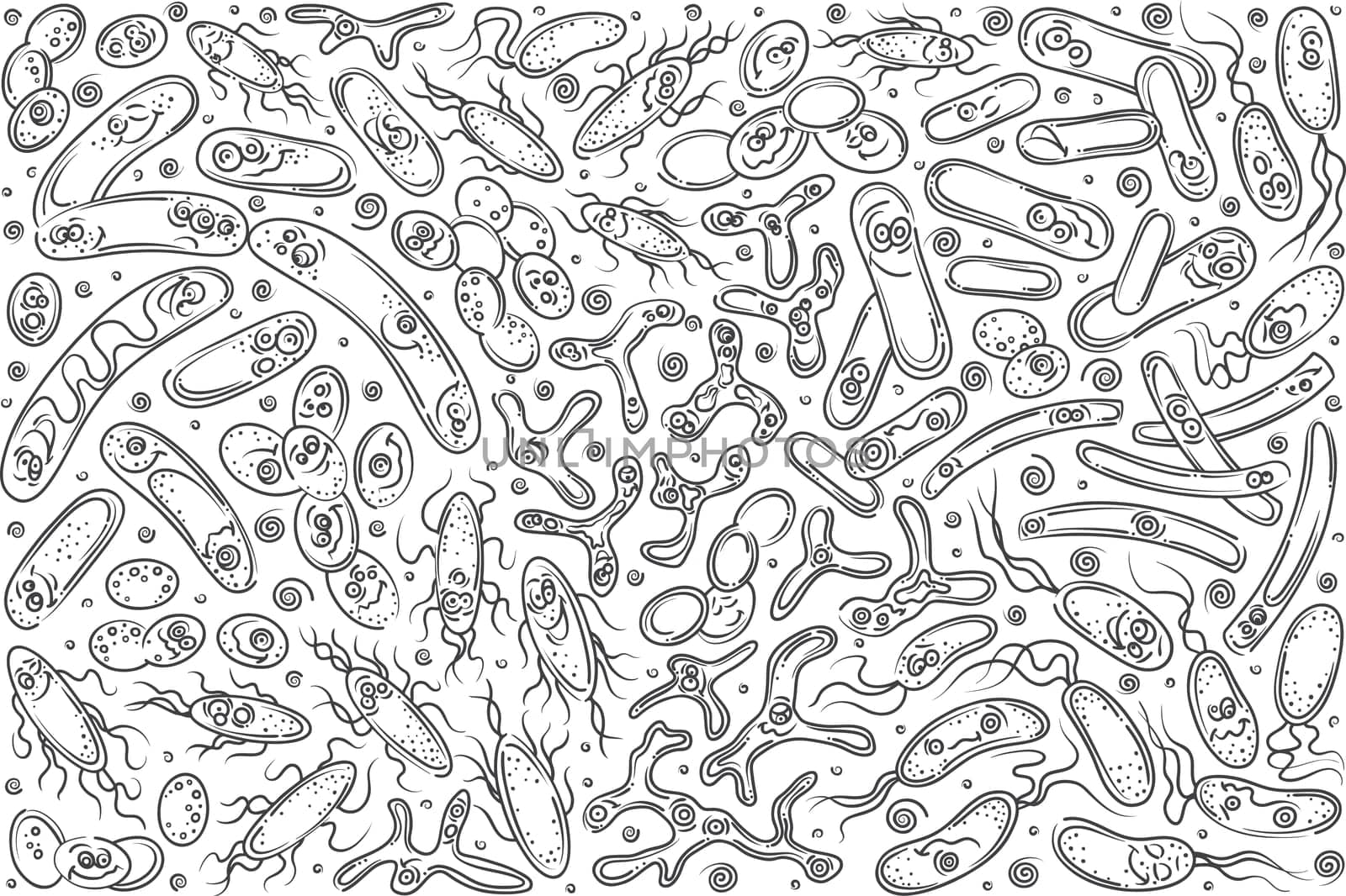 Hand drawn probiotics, useful bacterias. Concept of chemistry, biology and medicine doodle set background
