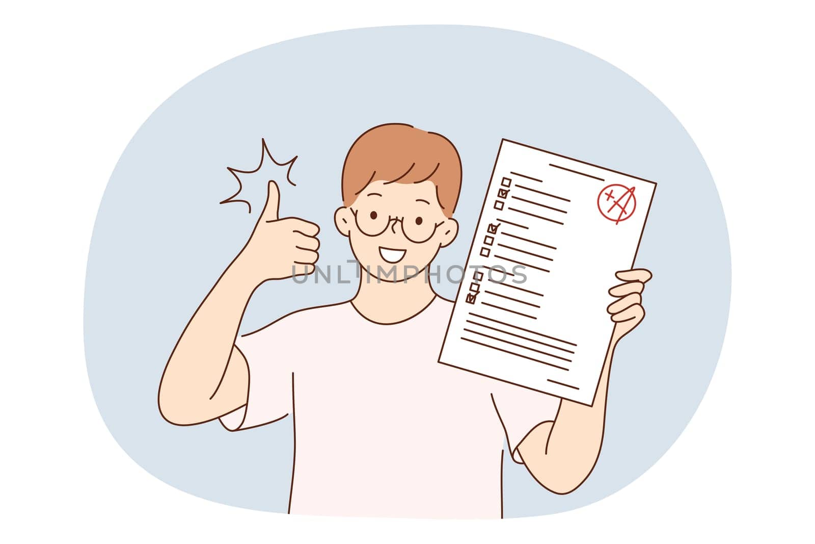 Success in studying, excellent school pupils concept. Smiling school boy cartoon characters having excellent marks for educational exams and showing good knowledge in class illustration