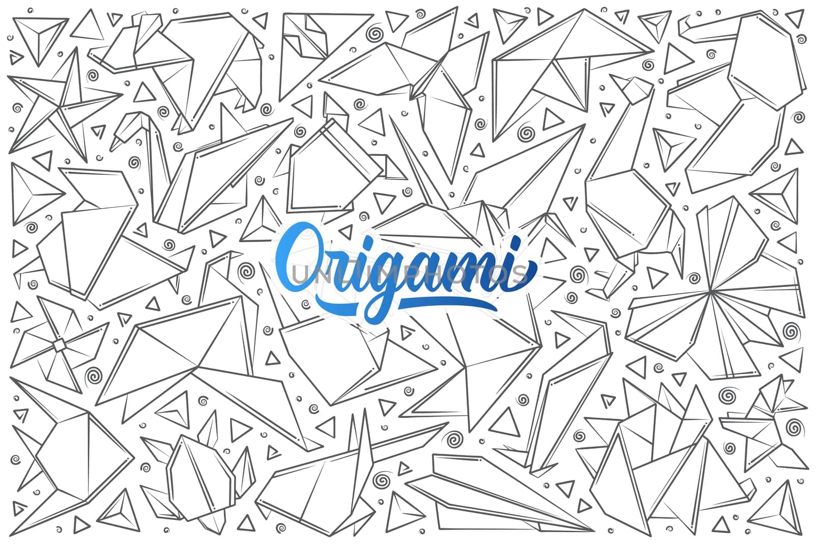 Hand drawn paper origami. Origami in shape of birds, animals, star, airplane doodle set background