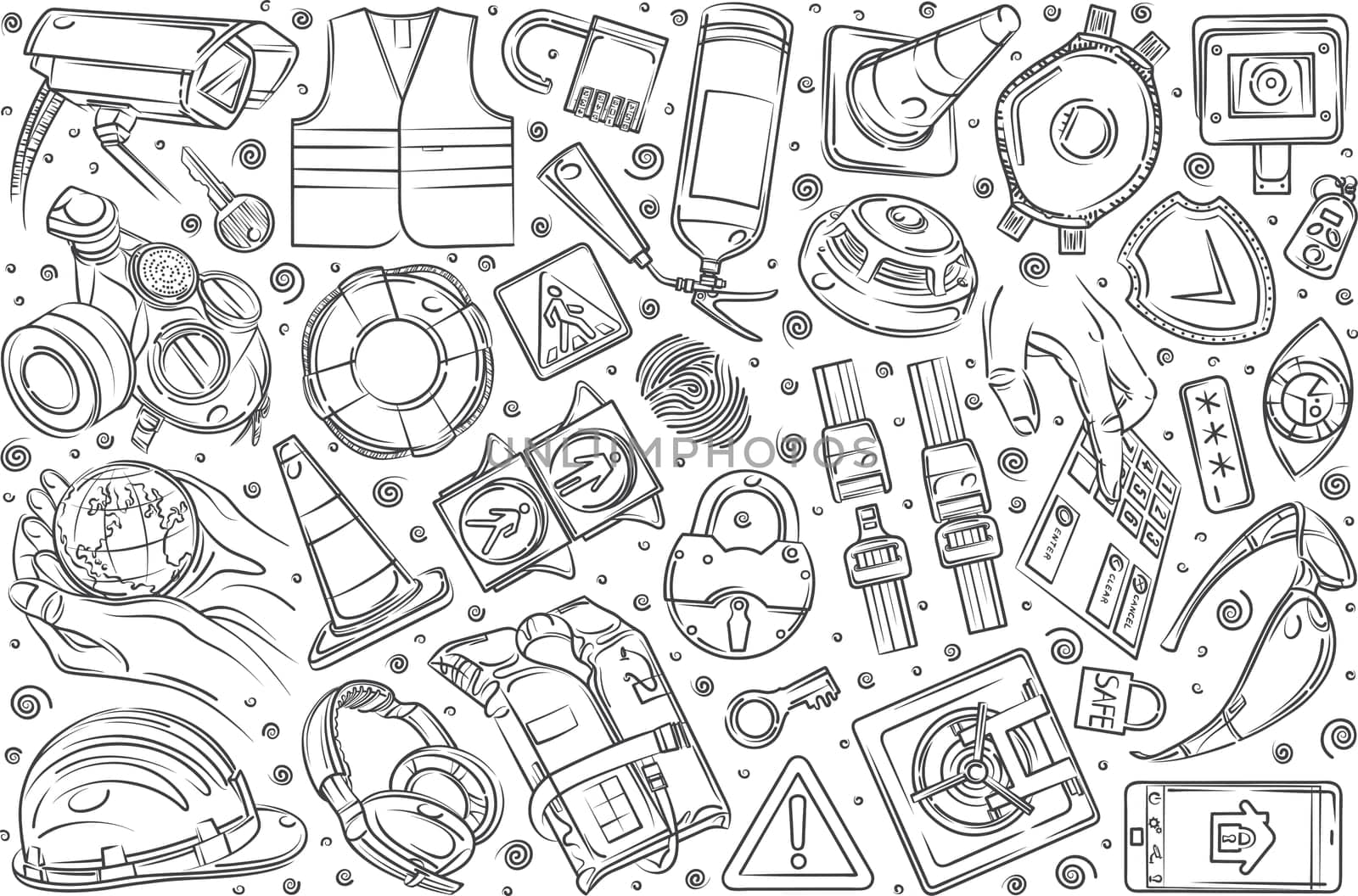 Hand drawn security-related equipment. Protection technologies fingerprint, electronic key, spy, password, alarm and more doodle set background