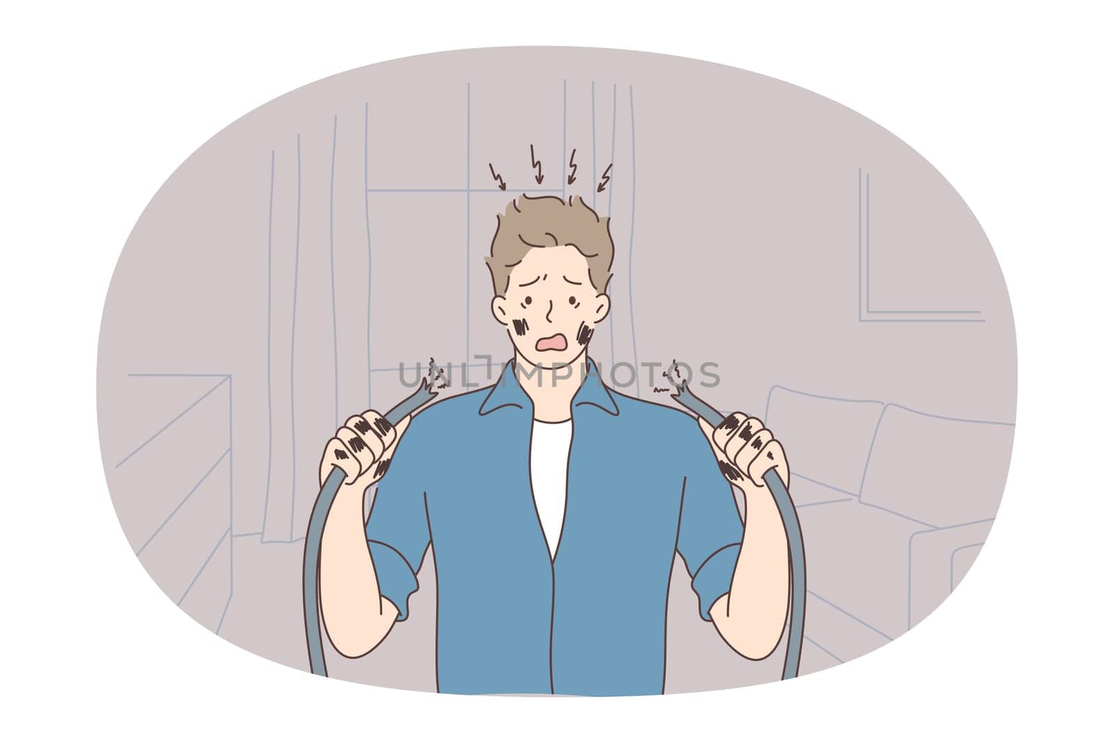 Nerves, bad news, mental Depression concept. Young unhappy man cartoon character standing with broken wires and feeling unhappy, broken frustrated about that at home vector illustration