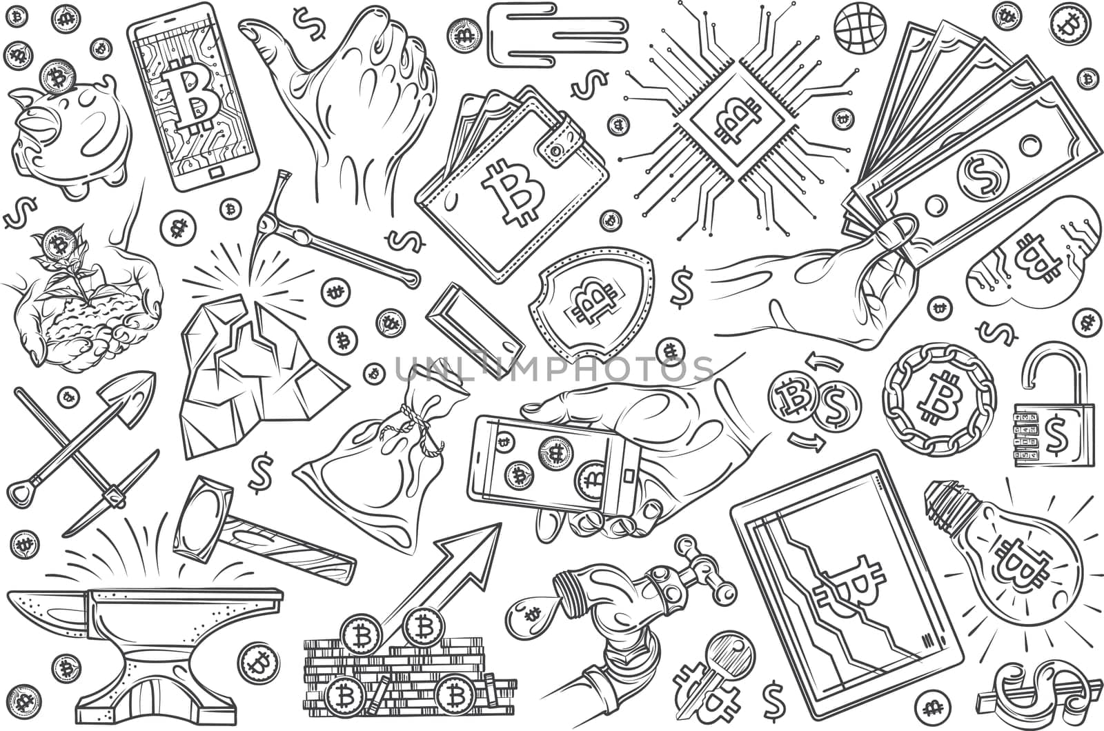 Hand drawn cryptocurrency mining set doodle vector illustration background