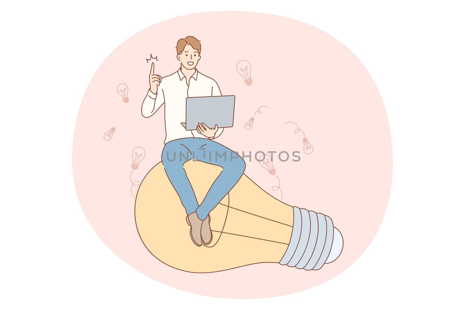 Idea, innovation, solution concept. Young businessman with laptop sitting on large light bulb and showing one finger meaning having great idea for business startup vector illustration