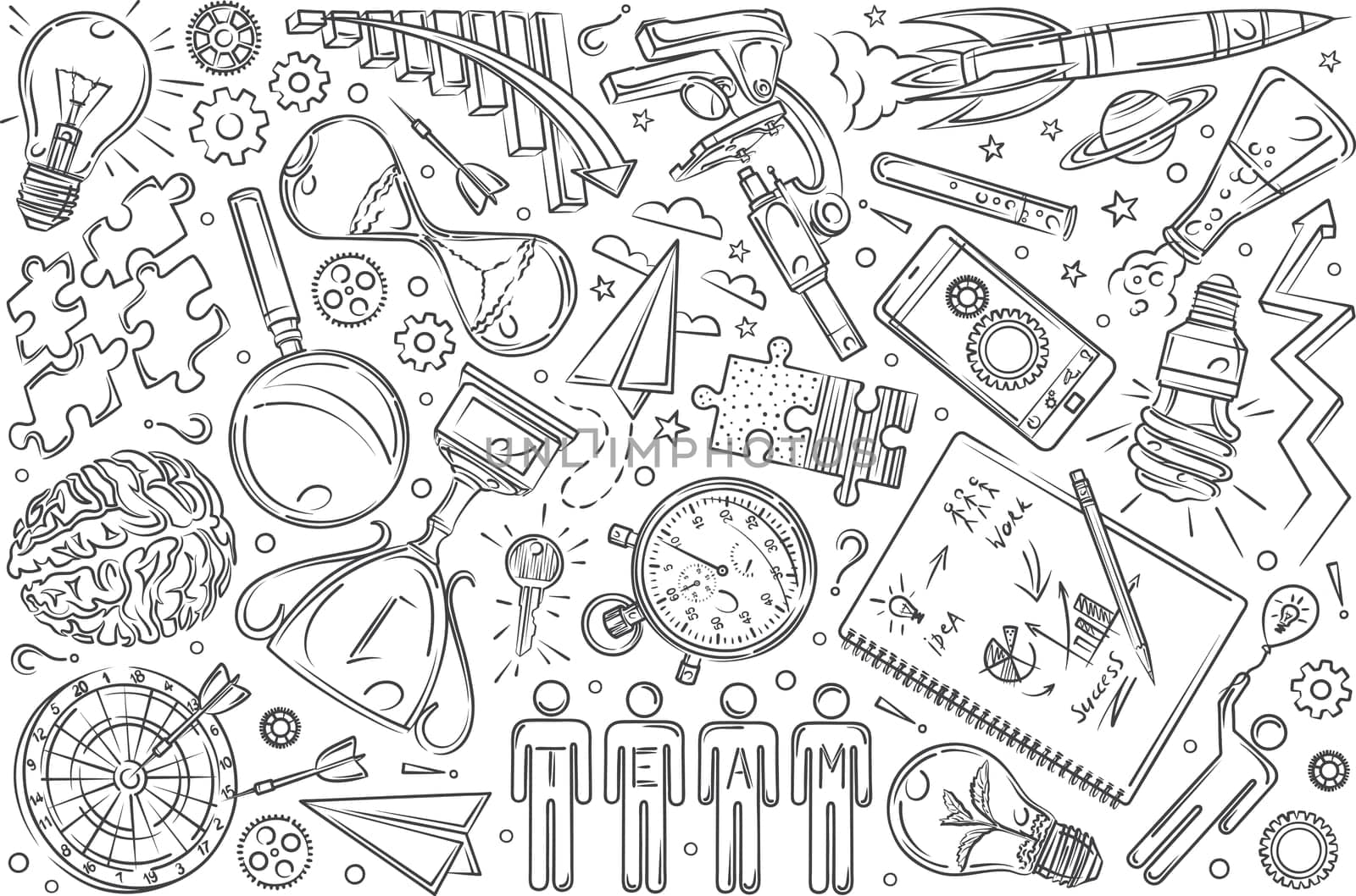 Hand drawn objects, concept of team communications. Rocket, brain, compass, magnifying glass doodle set background