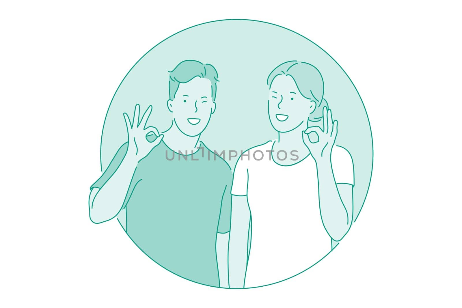 Okay, agreement, approval concept. Smiling couple boy and girl cartoon characters standing and showing ok cool cheerful gesture with fingers vector illustration