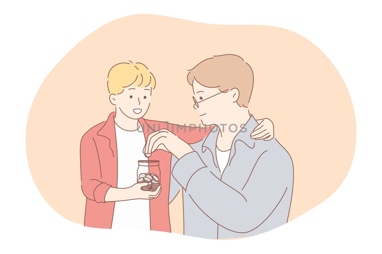 Saving money, piggybank, budget concept. Young positive boys friends cartoon characters putting money into transparent glass jar for saving. Collecting money, business, earnings, income