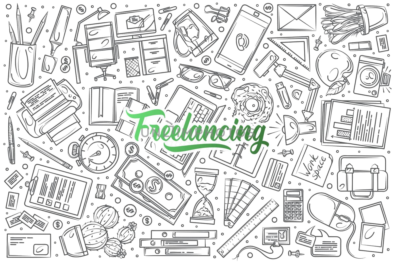 Hand drawn freelancing set doodle vector illustration background