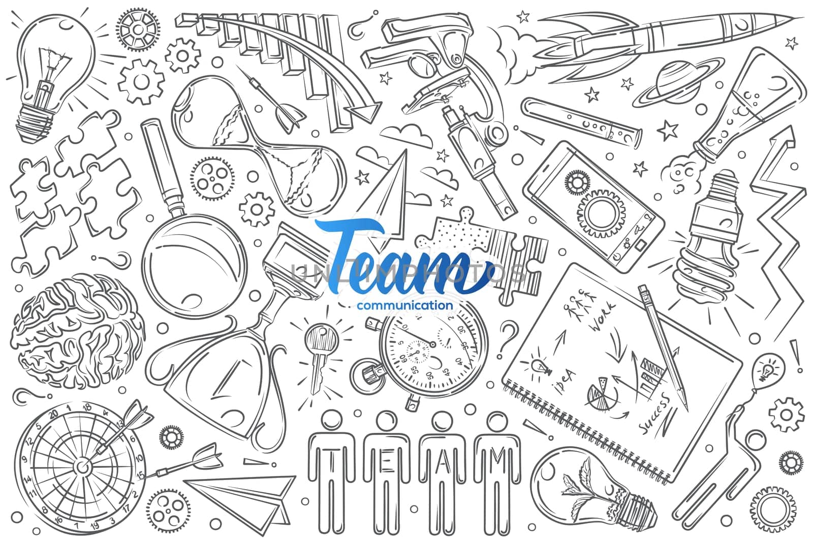 Hand drawn objects, concept of team communications. Rocket, brain, compass, magnifying glass doodle set background