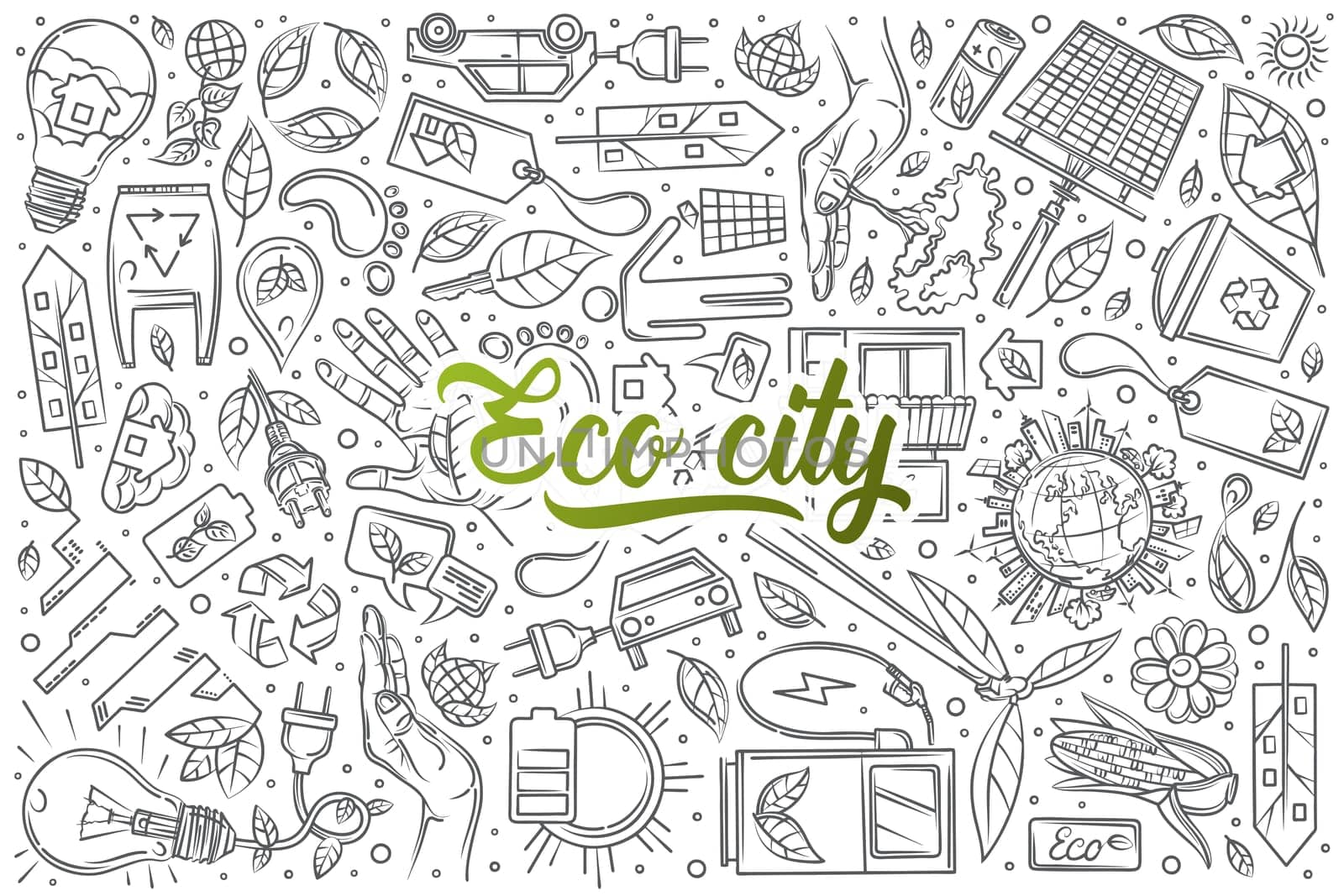 Hand drawn eco city set doodle vector illustration background