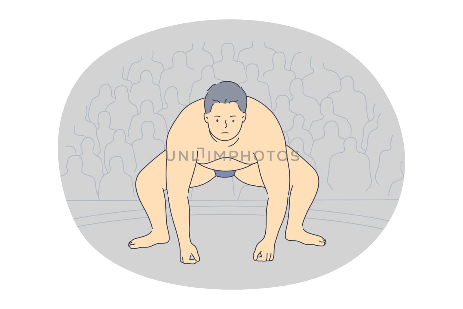 Sumo and Japanese traditional fighting concept. Overweight man sumo fighter standing in position during competition with viewers on background. Strength obesity Japanese culture illustration