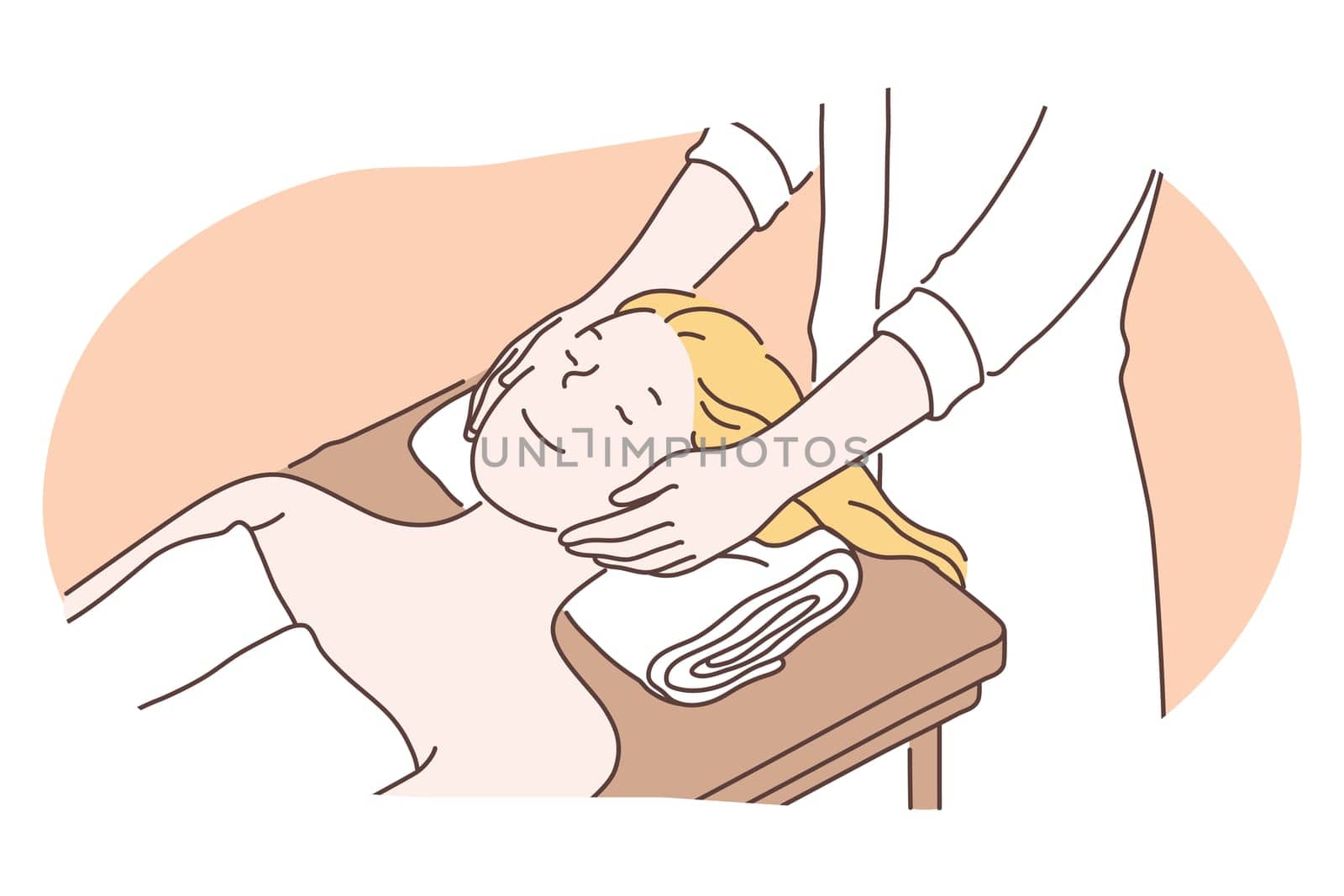 Cosmetology, dermatology, skincare concept. Young smiling woman cartoon character getting procedure of beauty relaxing facial massage from beautician doctor in wellness salon for skin rejuvenation