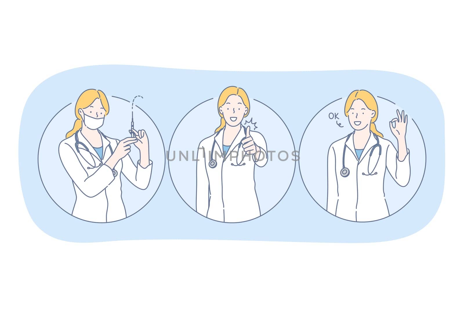 Healthcare, doctor showing signs, medicine concept. Young woman doctor in uniform cartoon character holding syringe and expressing good sign and right choice in vaccination with hands