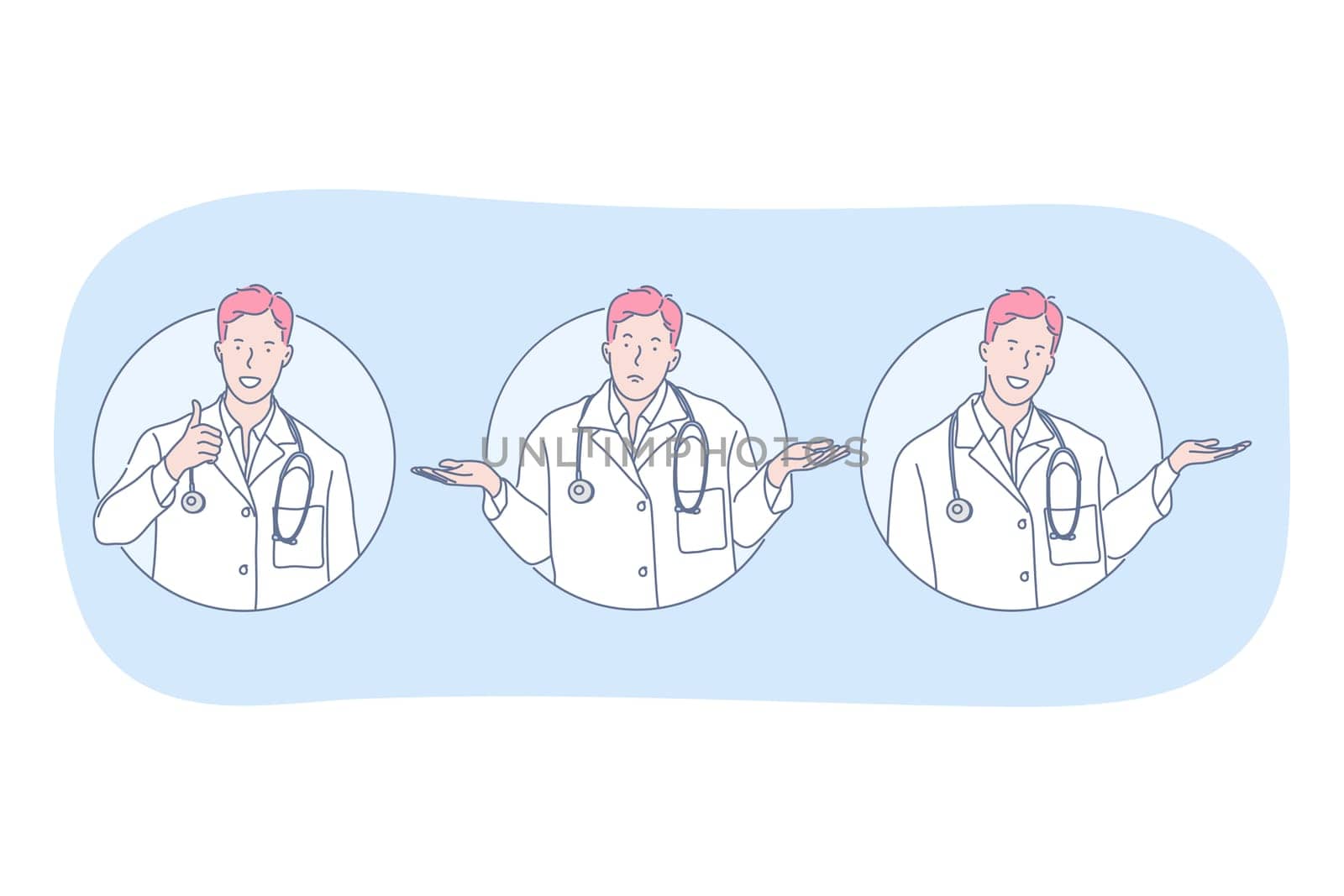 Healthcare, doctor showing signs, medicine concept. Young man doctor therapist in uniform cartoon character showing frustration, approving choice and pointing aside with hand vector illustration