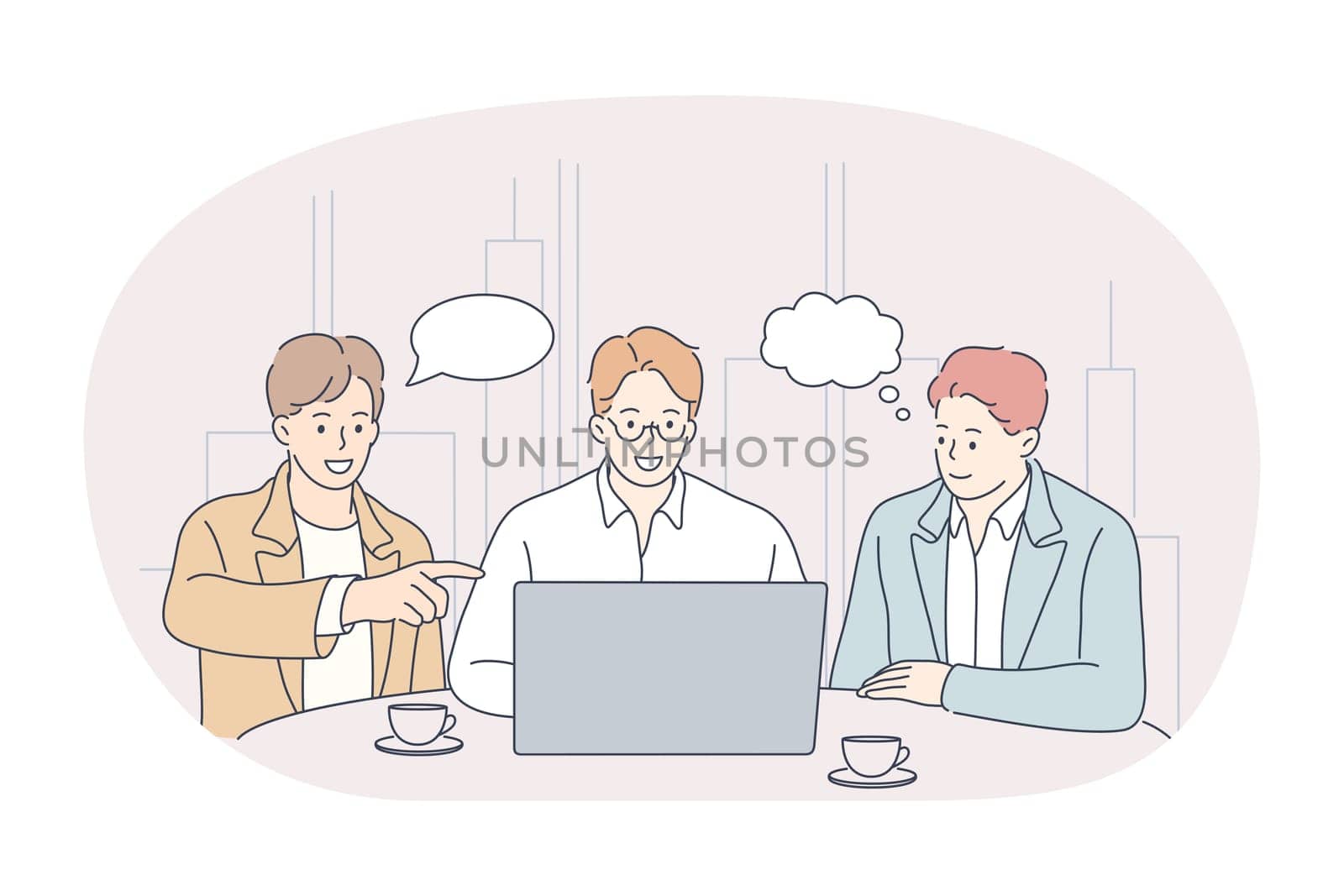 Teamwork, brainstorming, business communication about startup concept. Young businessmen coworkers or partners sitting with laptop in office and communicating about corporate project presentation