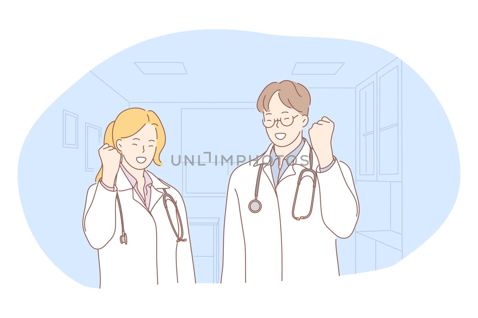 Medicine, doctors, achievement concept. Young smiling man and woman doctors in white medical uniform standing and celebrating successful achievement with hands gestures in medical clinic office