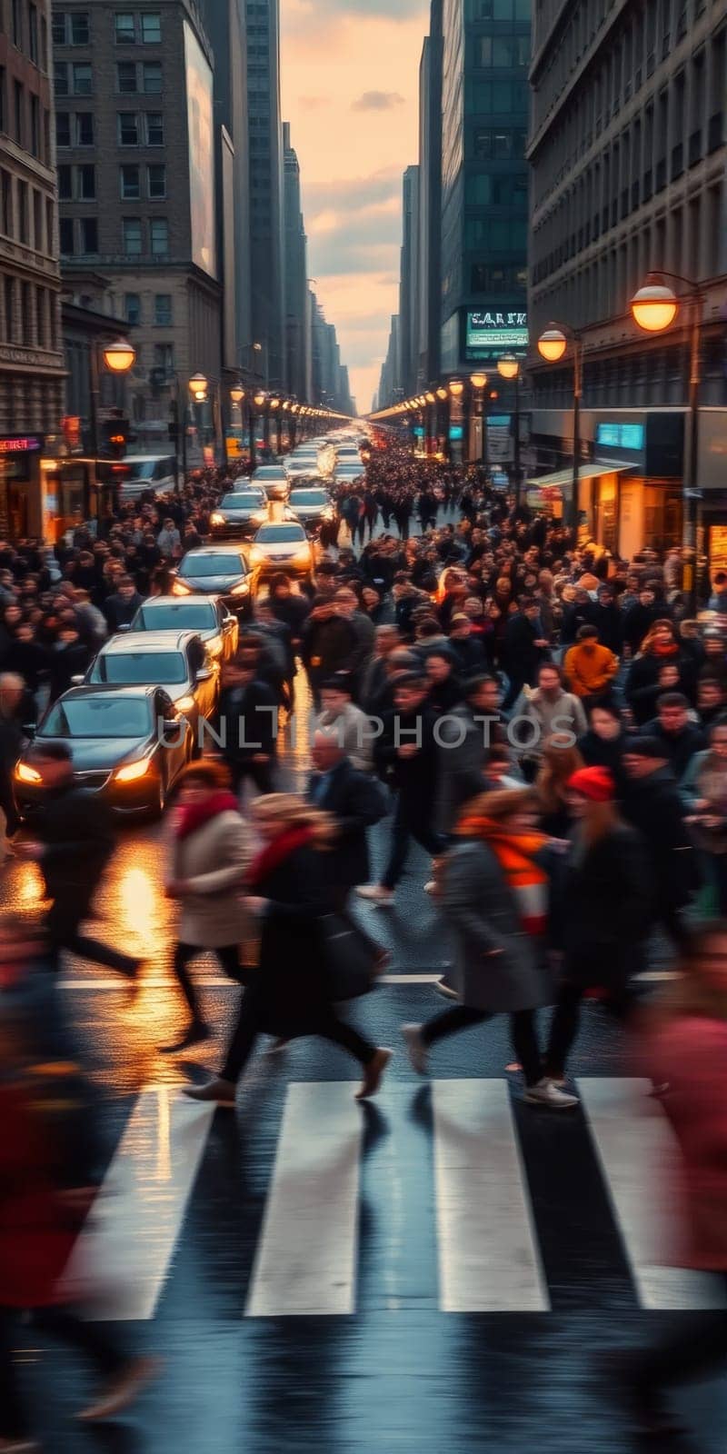 A lot of people walk along the pedestrian crossing during rush hour. High quality photo