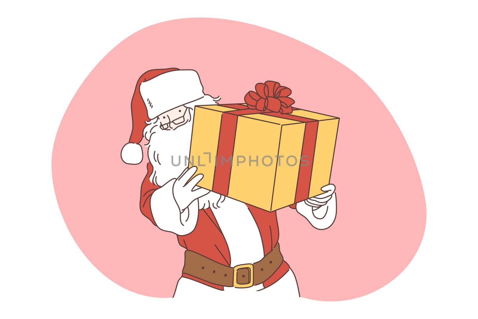 Christmas present, Santa, celebration of New Year and winter holidays concept. Smiling man cartoon character in Santa costume carrying decorated box with holiday present in hands illustration